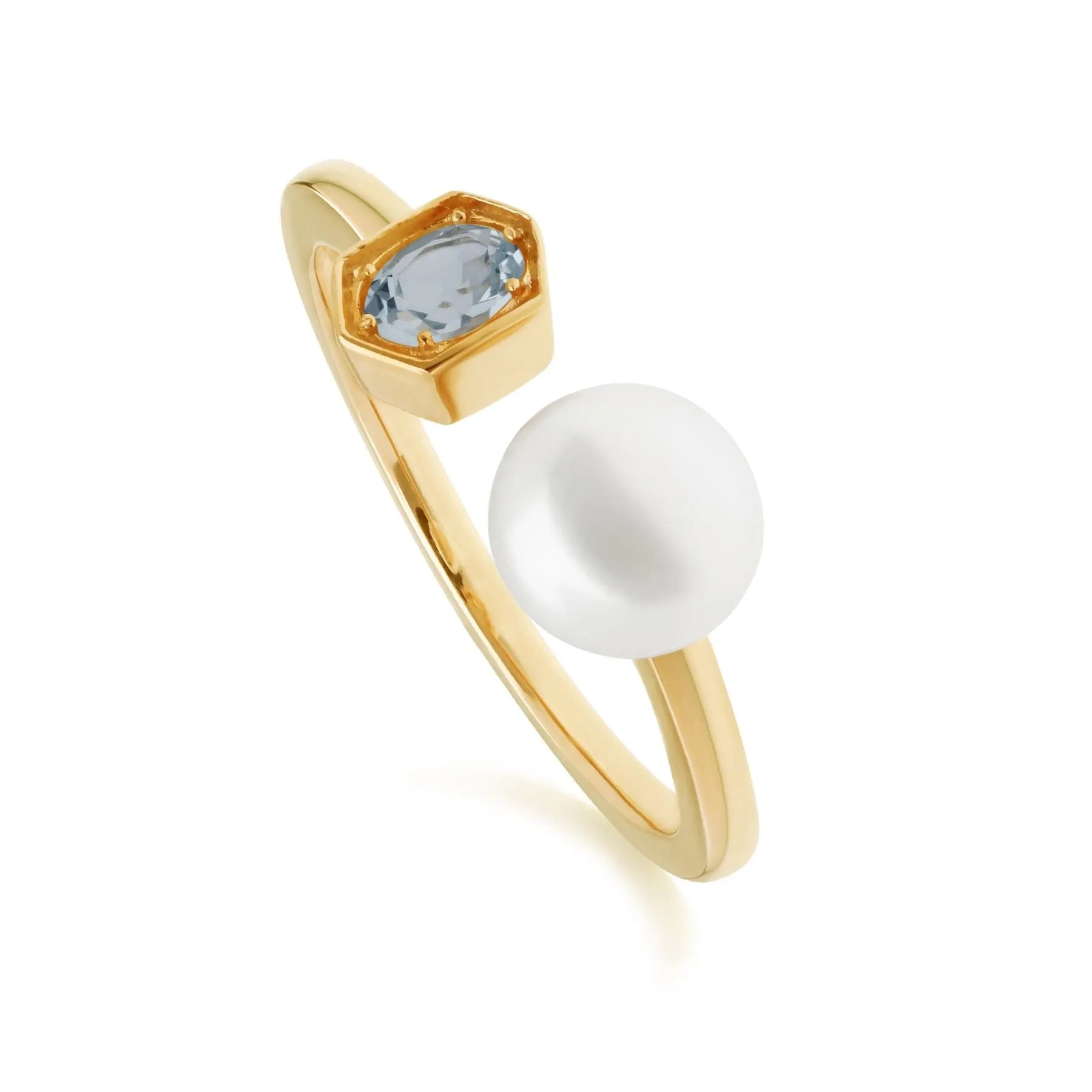 Modern Pearl & Blue Topaz Open Ring in Gold Plated Silver sold by Gemondo Jewellery