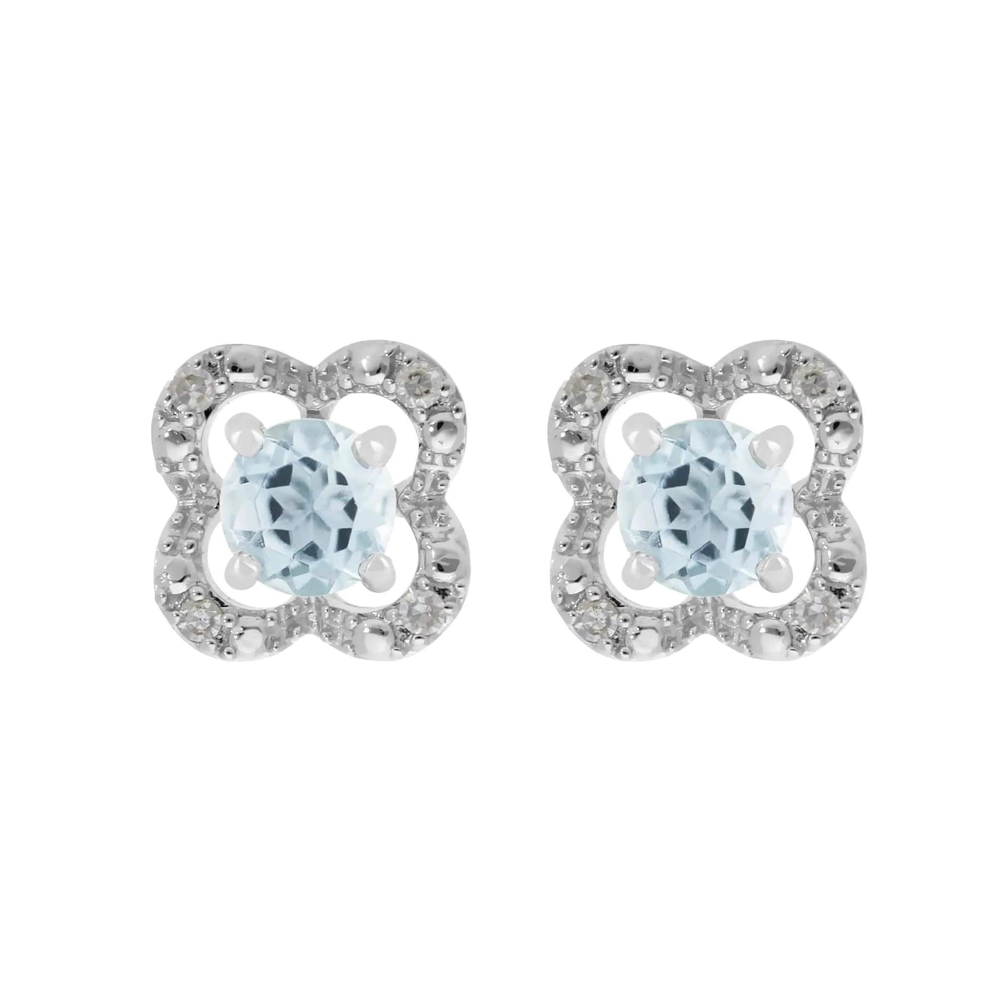 Classic Round Aquamarine Stud Earrings with Detachable Diamond Flower Ear Jacket in 9ct White Gold sold by Gemondo Jewellery