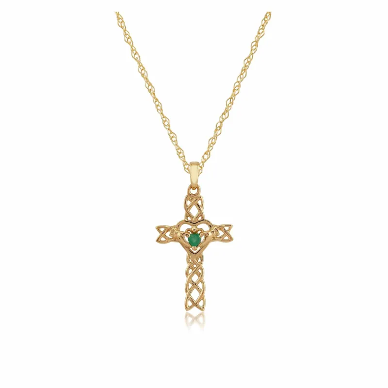 Classic Heart Emerald Claddagh Cross Pendant in 9ct Yellow Gold sold by Gemondo Jewellery