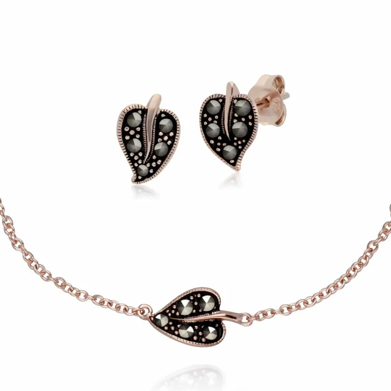 Rose Gold Plated Marcasite Leaf Stud Earrings & Bracelet Set in 925 Sterling Silver sold by Gemondo Jewellery