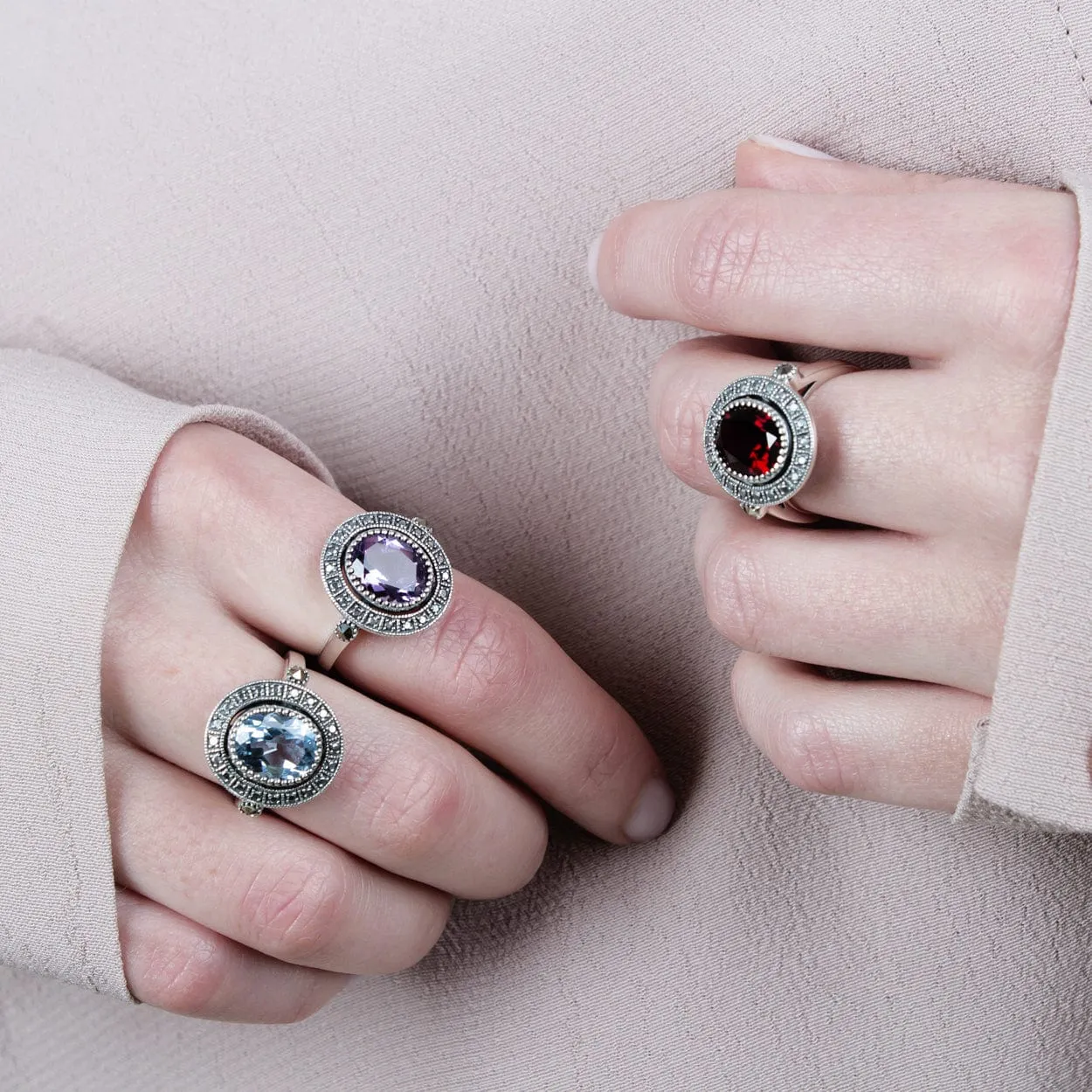 Art Deco Style Oval Blue Topaz & Marcasite Statement Cocktail Ring In Sterling Silver sold by Gemondo Jewellery product image thumbnail 2