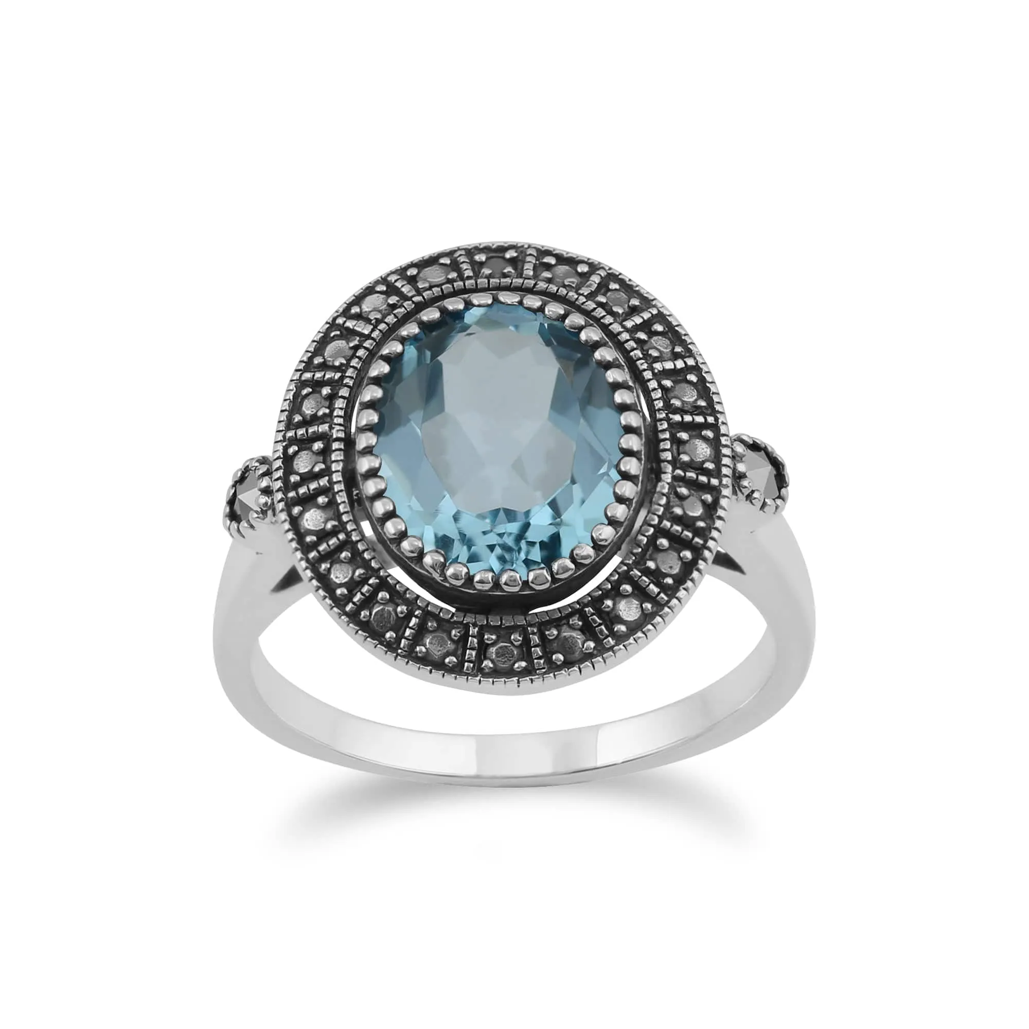 Art Deco Style Oval Blue Topaz & Marcasite Statement Cocktail Ring In Sterling Silver sold by Gemondo Jewellery