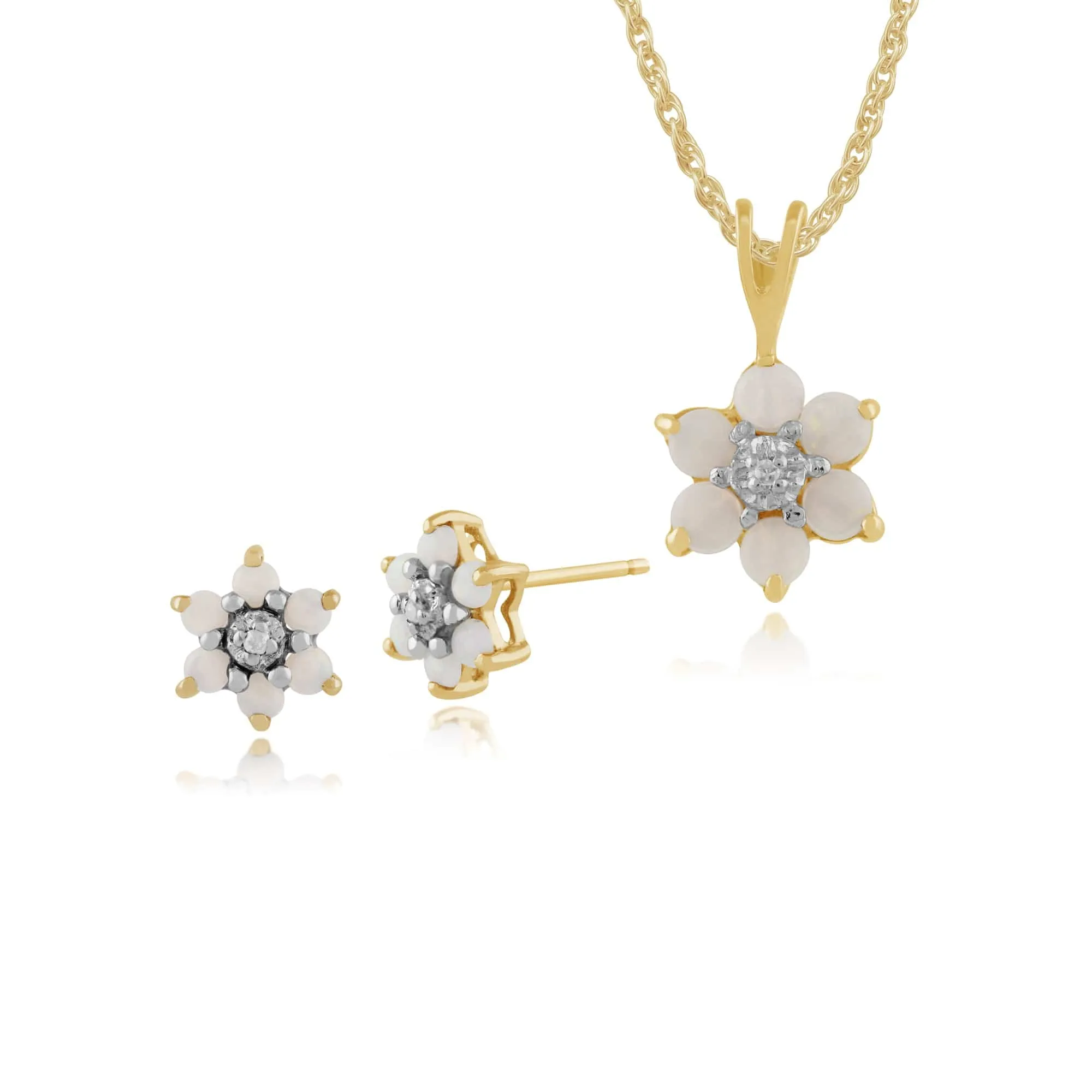 Floral Round Opal & Diamond Flower Cluster Stud Earrings & Pendant Set in 9ct Yellow Gold sold by Gemondo Jewellery