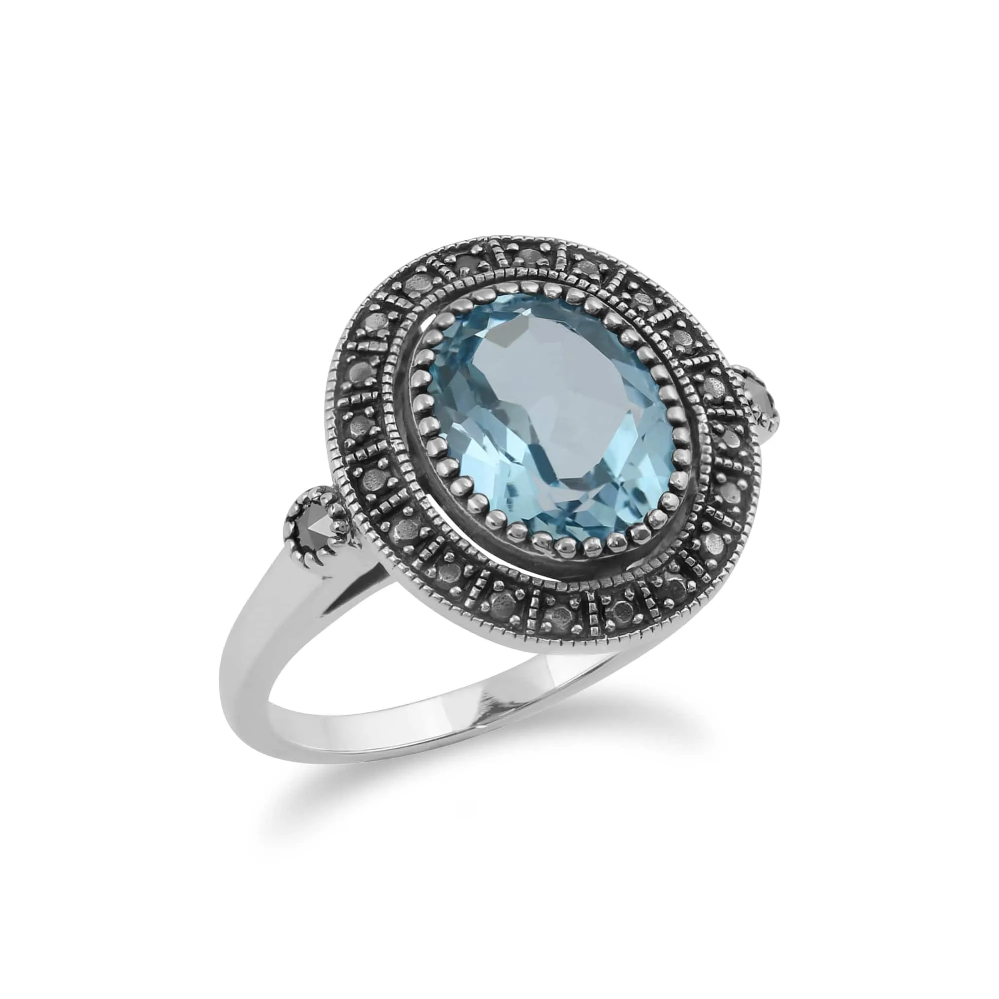 Art Deco Style Oval Blue Topaz & Marcasite Statement Cocktail Ring In Sterling Silver sold by Gemondo Jewellery product image thumbnail 3