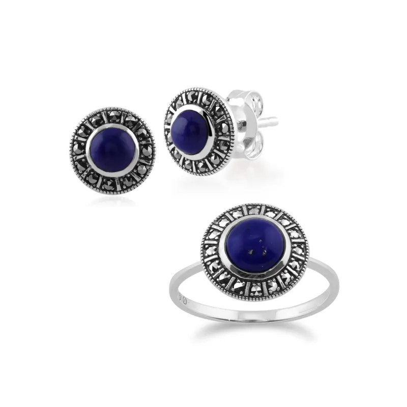 Art Deco Style Round Lapis Lazuli & Marcasite Halo Stud Earrings & Ring Set in 925 Sterling Silver sold by Gemondo Jewellery