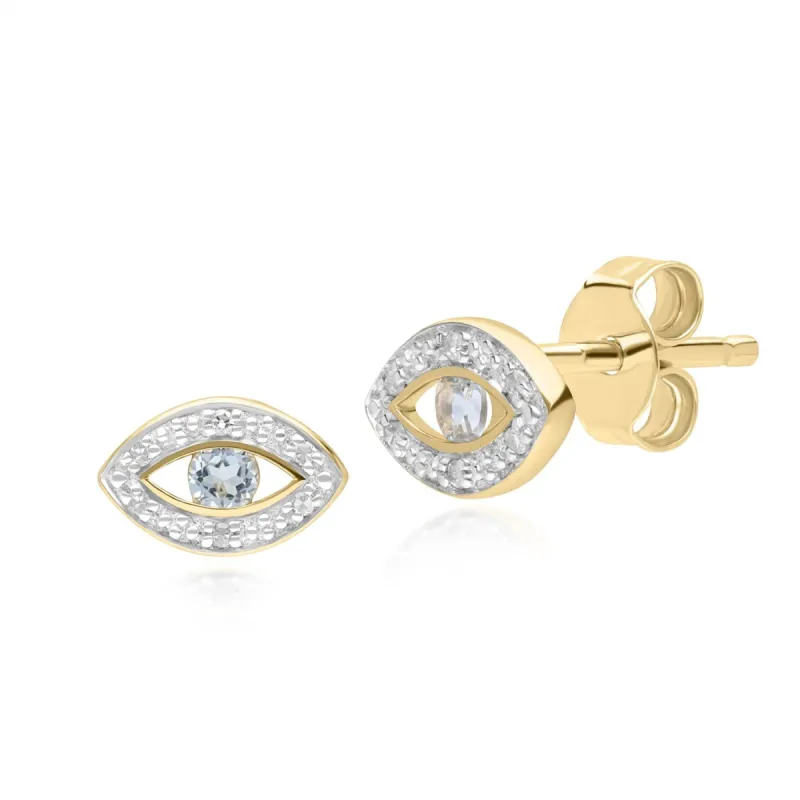 ECFEW™ Dainty Evil Eye Blue Topaz & Diamond Stud Earrings in 9ct Yellow Gold sold by Gemondo Jewellery