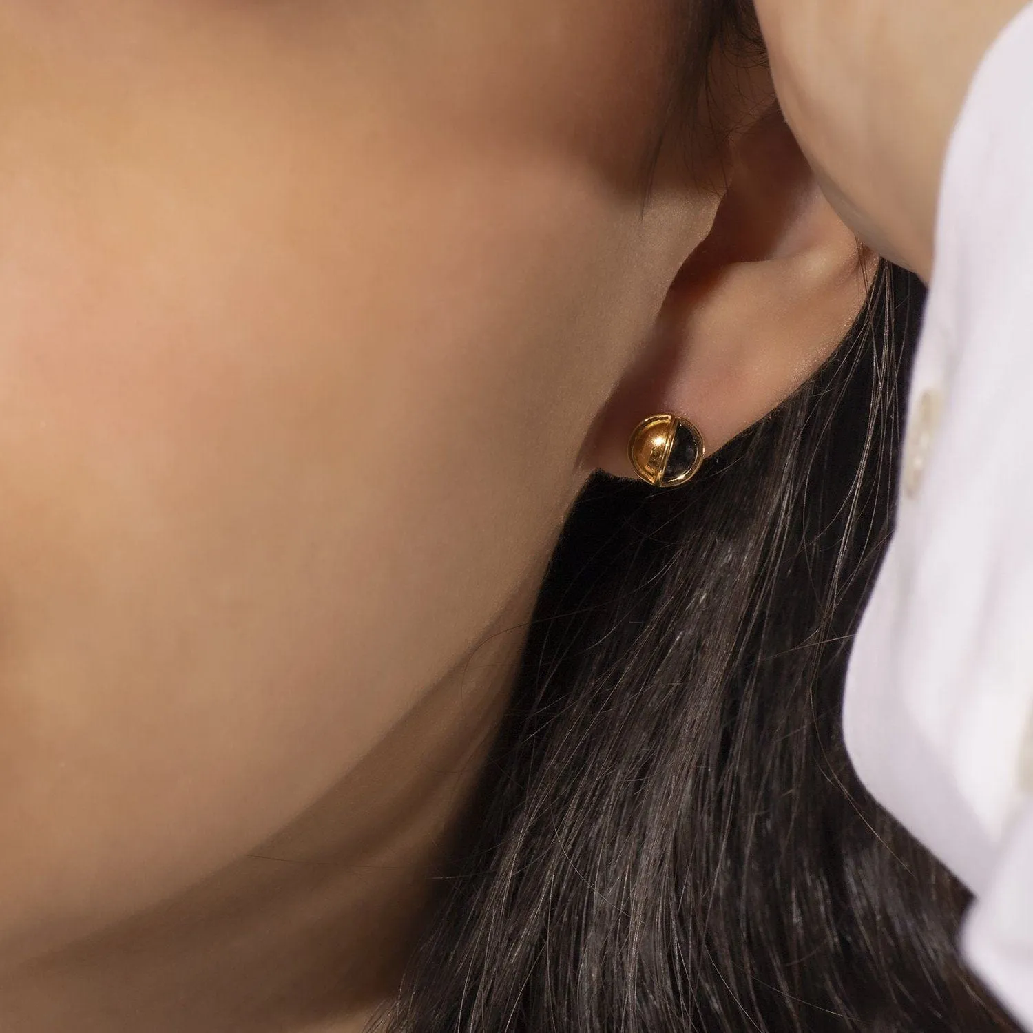 Micro Statement Round Onyx Stud Earrings in Gold Plated Silver sold by Gemondo Jewellery product image thumbnail 2