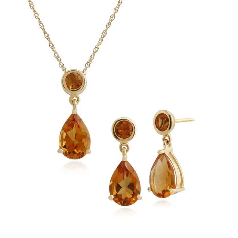 Classic Pear & Round Citrine Drop Earrings & Pendant Set in 9ct Yellow Gold sold by Gemondo Jewellery