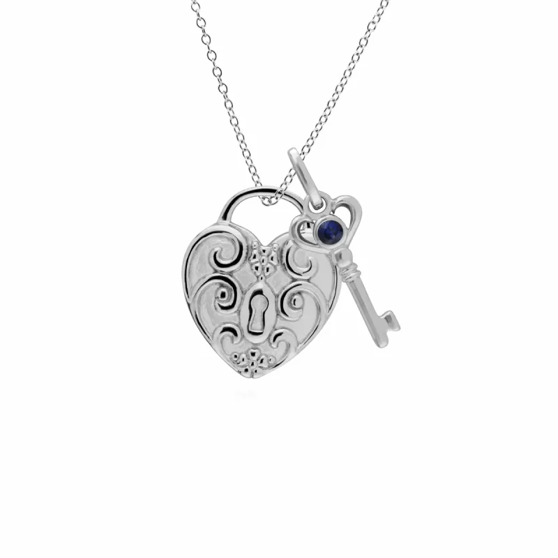 Classic Swirl Heart Lock Pendant & Sapphire Key Charm in 925 Sterling Silver sold by Gemondo Jewellery
