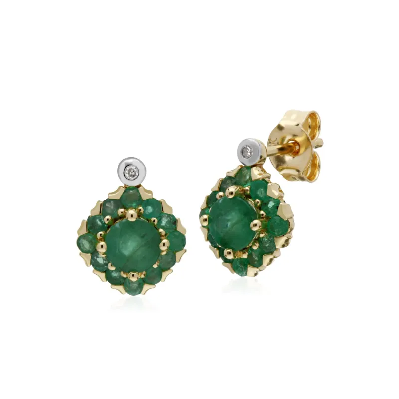 Gemondo 9ct Yellow Gold Emerald & Diamond Square Cluster Stud Earrings sold by Gemondo Jewellery