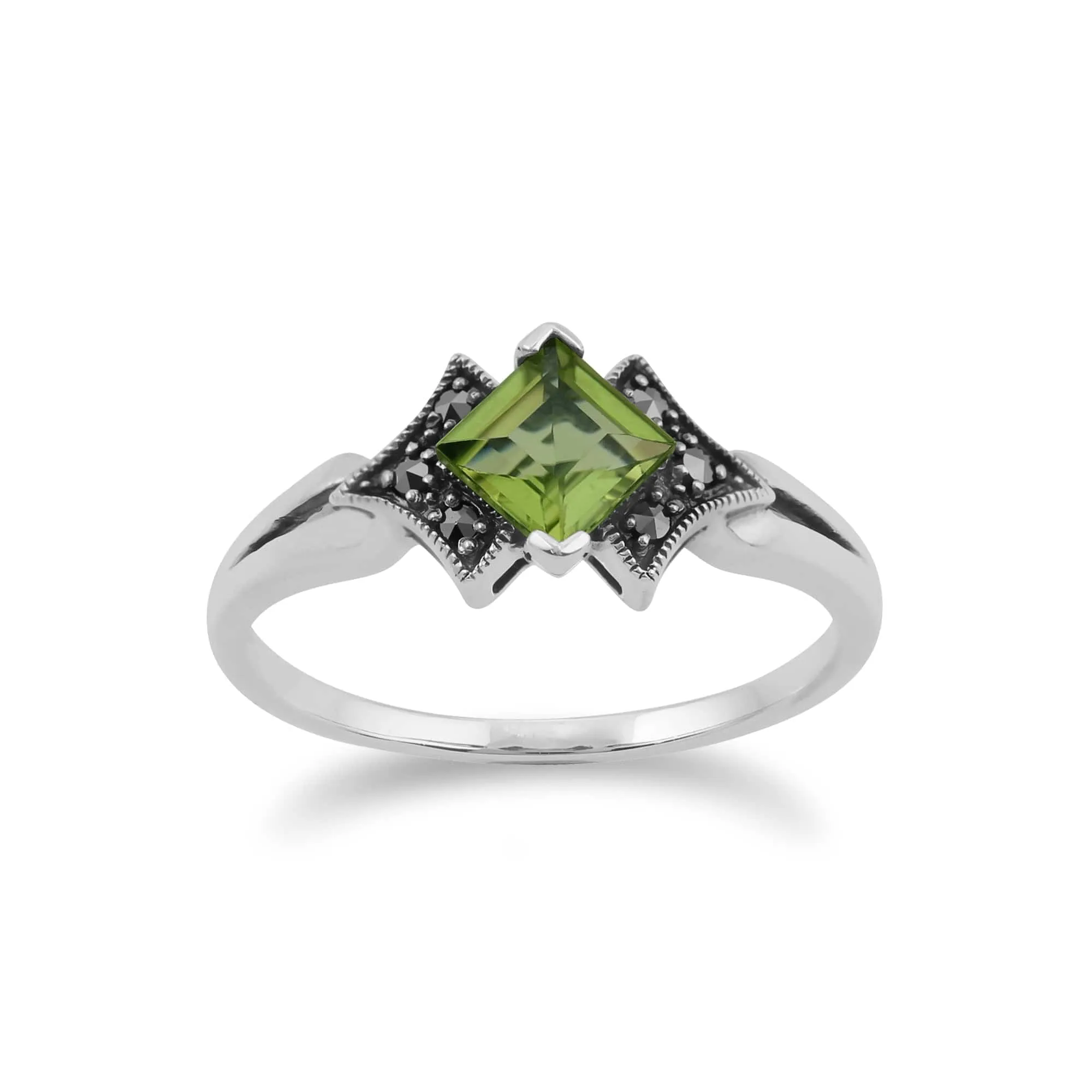 Art Deco Style Square Peridot & Marcasite Ring in 925 Sterling Silver sold by Gemondo Jewellery