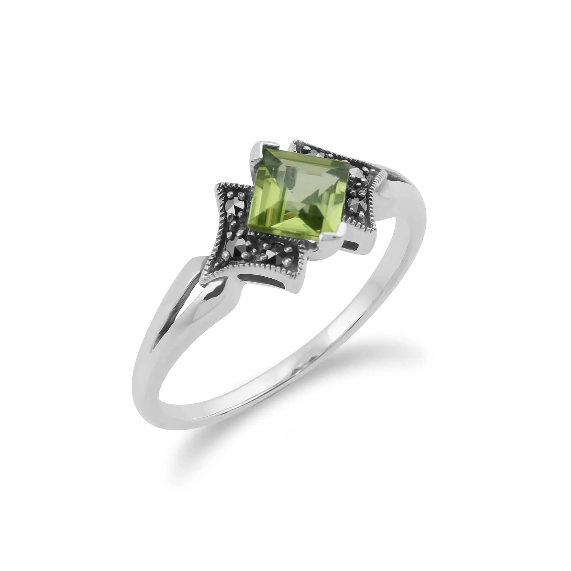 Art Deco Style Square Peridot & Marcasite Ring in 925 Sterling Silver sold by Gemondo Jewellery product image thumbnail 2