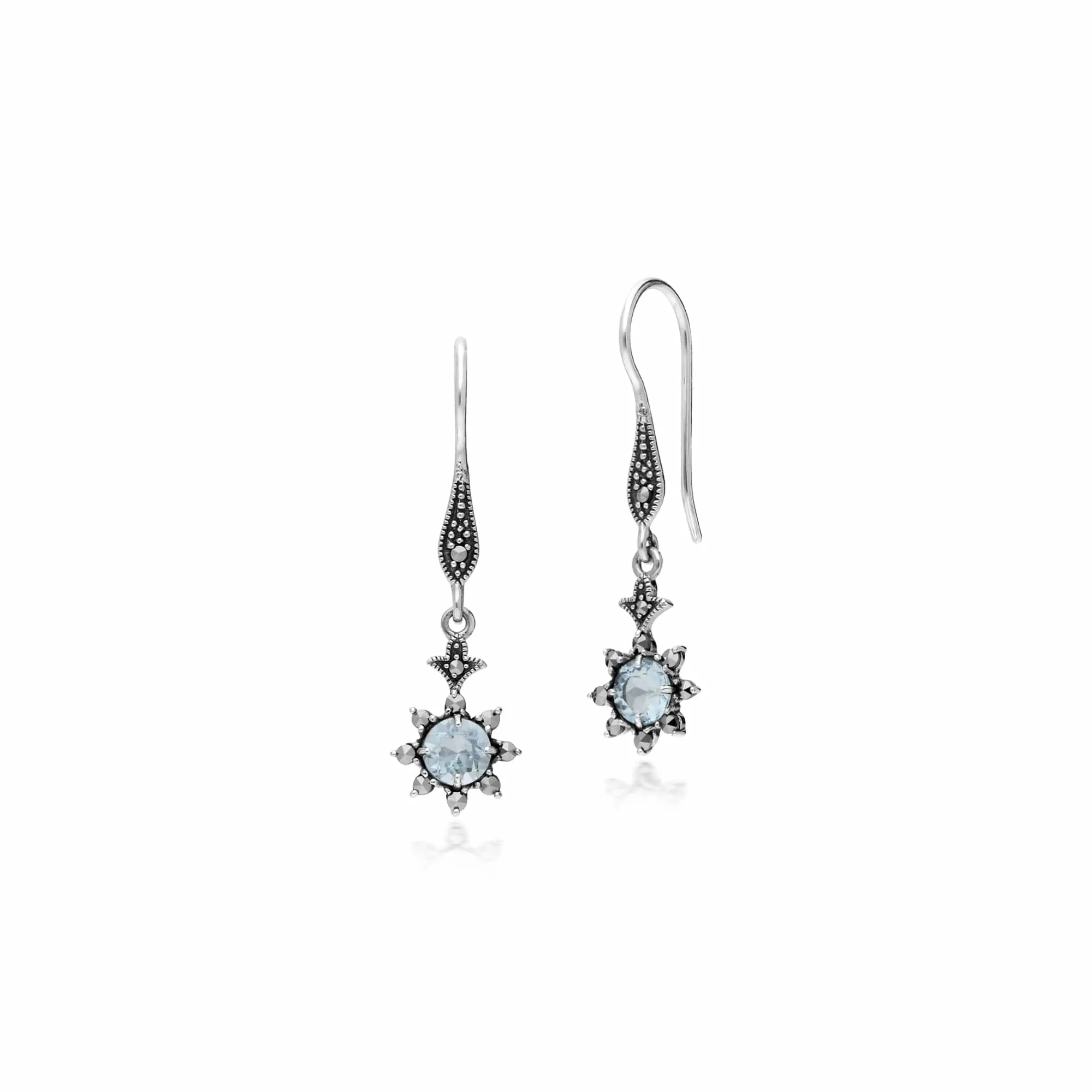 Floral Round Blue Topaz & Marcasite Drop Earrings in 925 Sterling Silver sold by Gemondo Jewellery