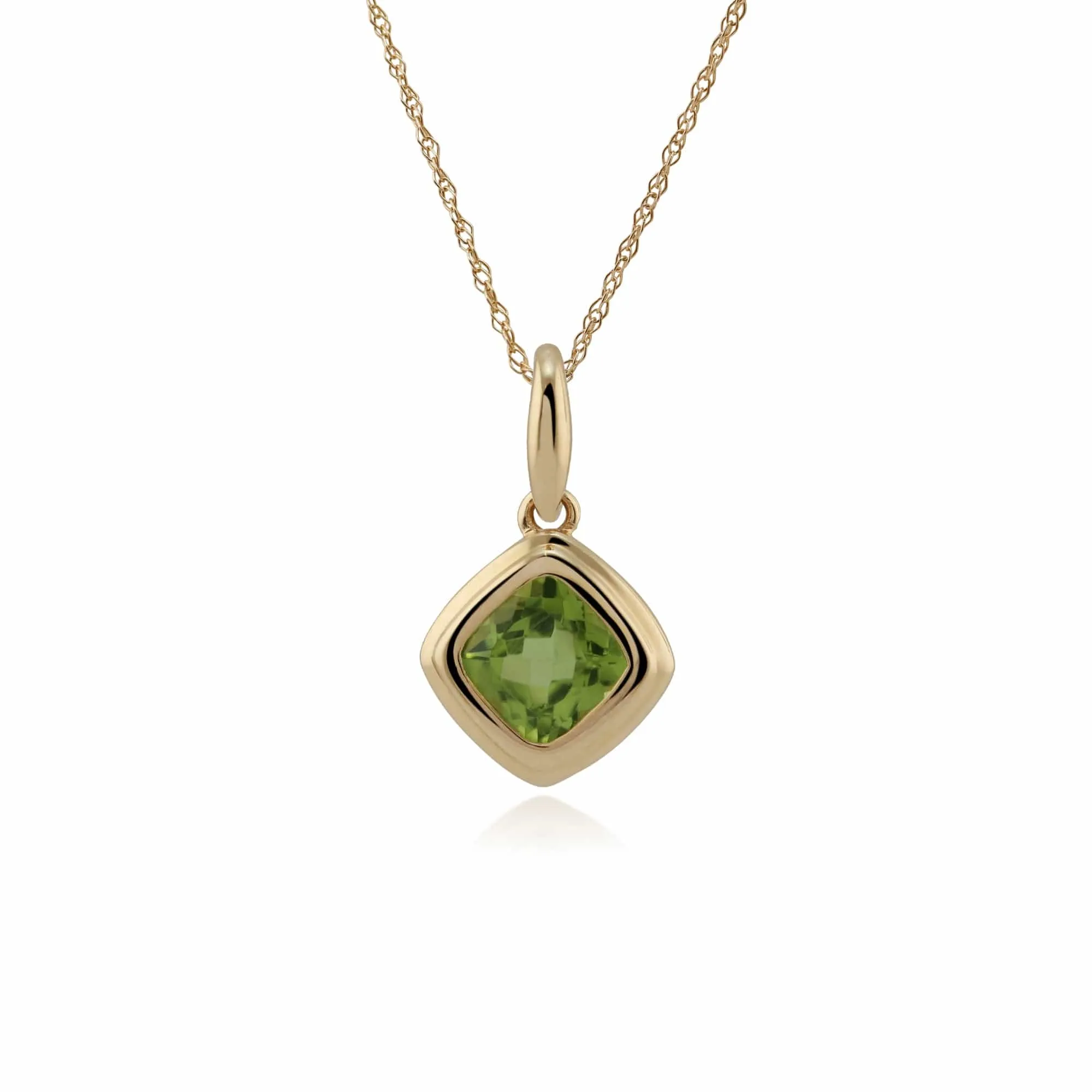 Classic Cushion Peridot Bezel Set Pendant in 9ct Yellow Gold sold by Gemondo Jewellery