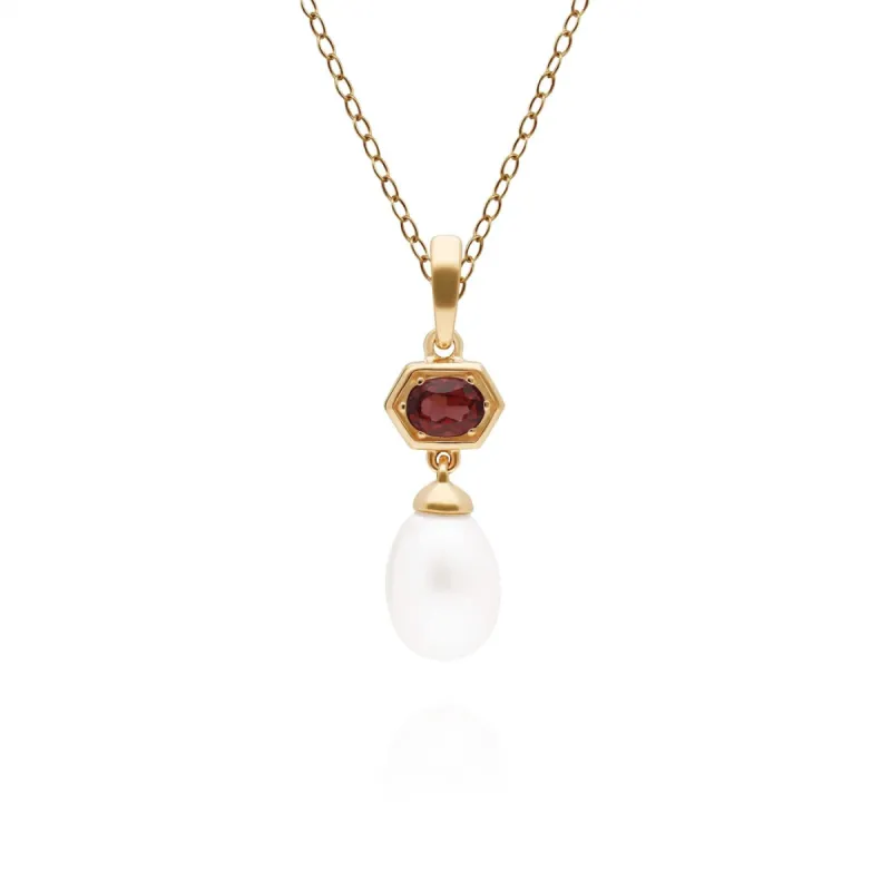Modern Pearl & Garnet Hexagon Drop Pendant in Gold Plated Silver sold by Gemondo Jewellery