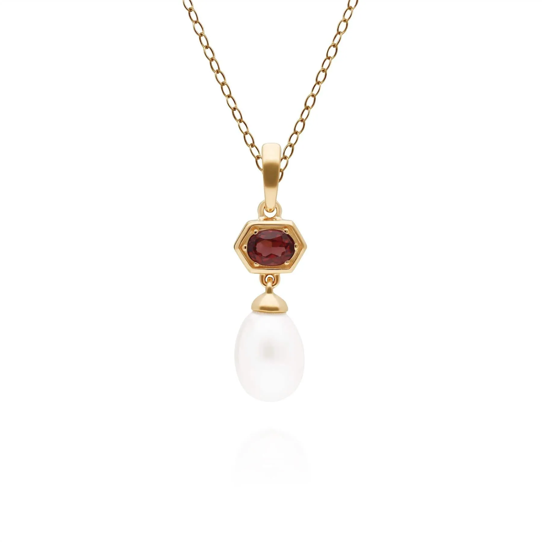 Modern Pearl & Garnet Hexagon Drop Pendant in Gold Plated Silver sold by Gemondo Jewellery