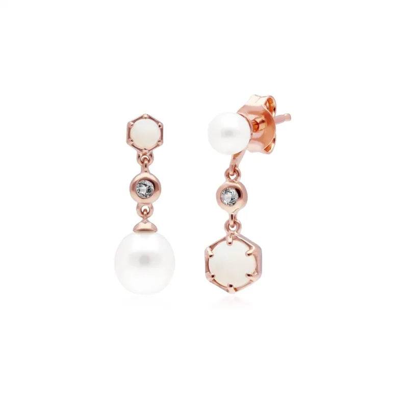 Modern Pearl, Opal & Topaz Mismatched Drop Earrings in Rose Gold Plated Silver sold by Gemondo Jewellery