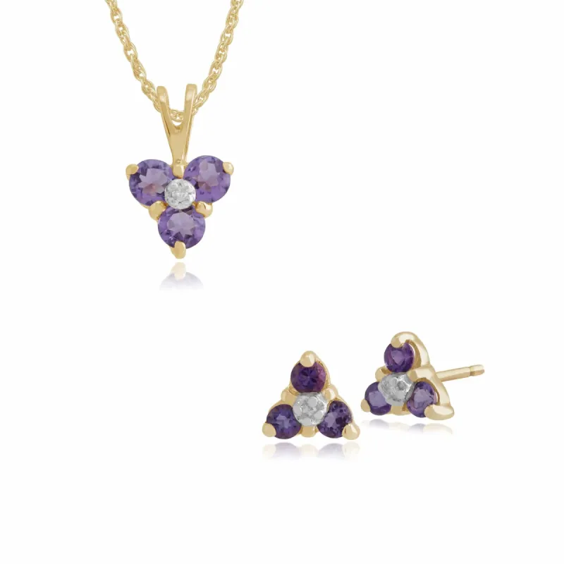 Floral Round Amethyst & Diamond Flower Stud Earrings & Pendant Set in 9ct Yellow Gold sold by Gemondo Jewellery