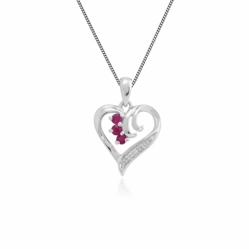 Classic Round Ruby & Diamond Swirled Heart Pendant in 9ct White Gold sold by Gemondo Jewellery