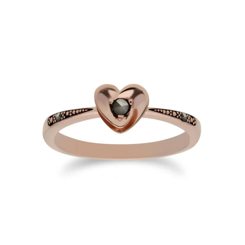 Rose Gold Plated Round Marcasite Heart Design Ring in 925 Sterling Silver sold by Gemondo Jewellery