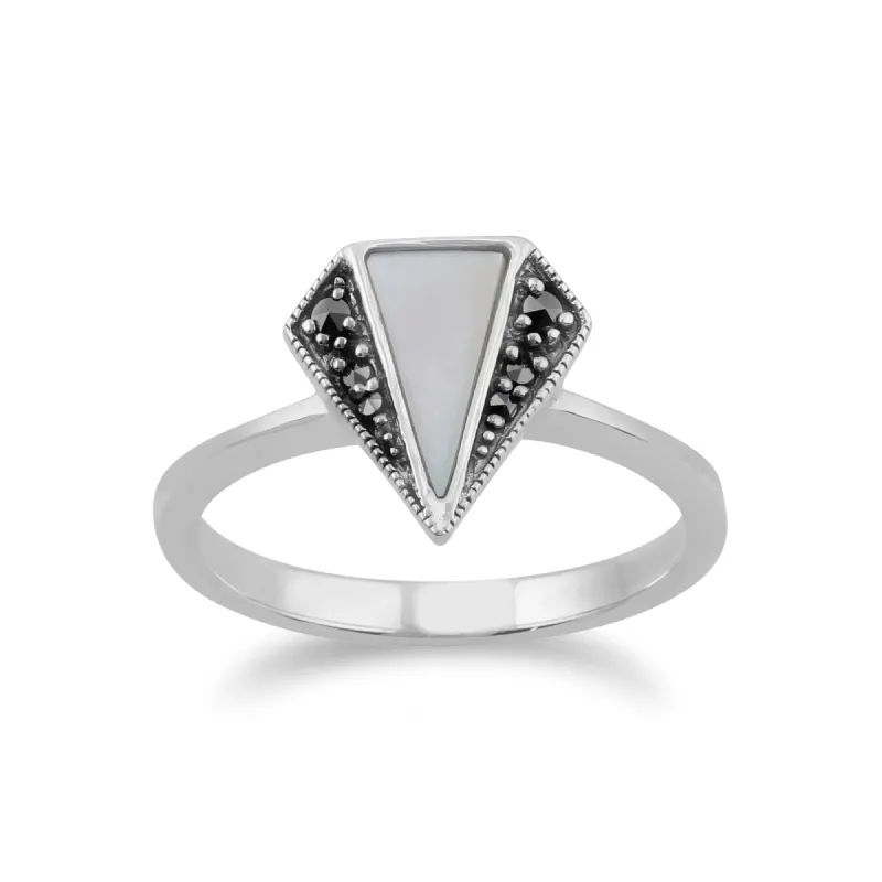 Gemondo 925 Sterling Silver Mother of Pearl & Marcasite Art Deco Ring sold by Gemondo Jewellery