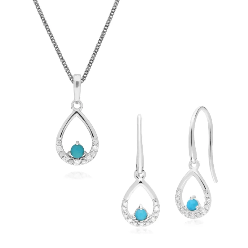Classic Round Turquoise & Diamond Pear Drop Earrings & Pendant Set in 9ct White Gold sold by Gemondo Jewellery