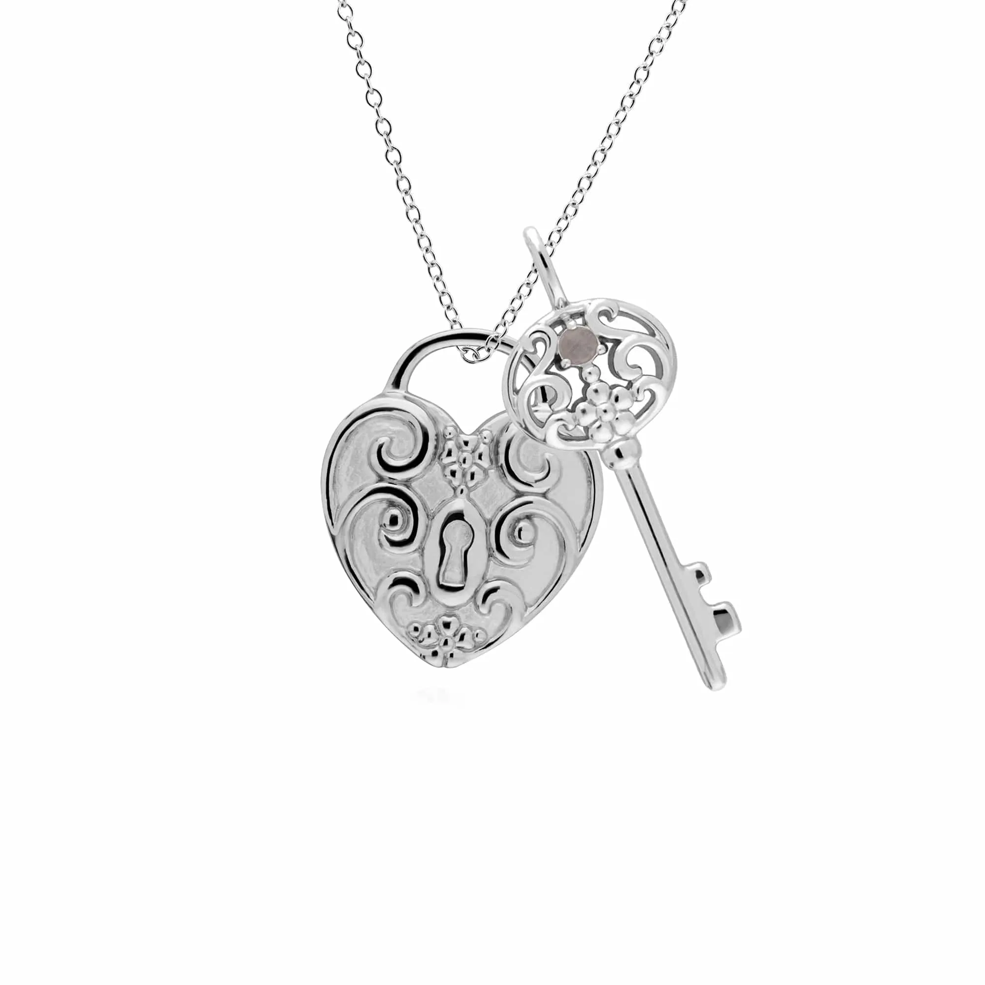 Classic Swirl Heart Lock Pendant & Rainbow Moonstone Big Key Charm in 925 Sterling Silver sold by Gemondo Jewellery