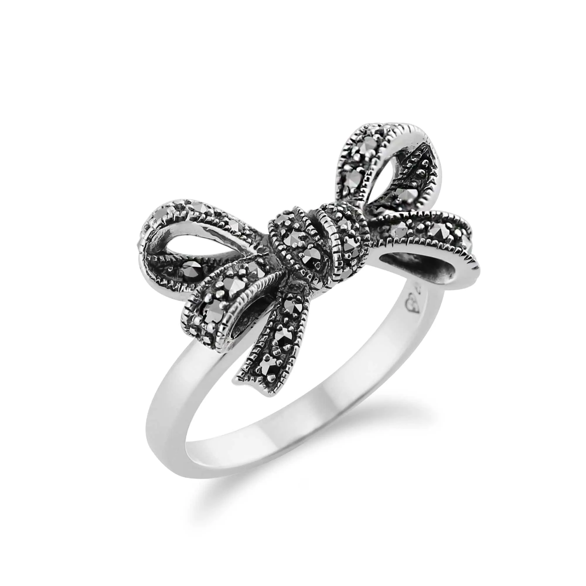 Art Nouveau Style Marcasite Ribbon Bow Ring in 925 Sterling Silver sold by Gemondo Jewellery product image thumbnail 2