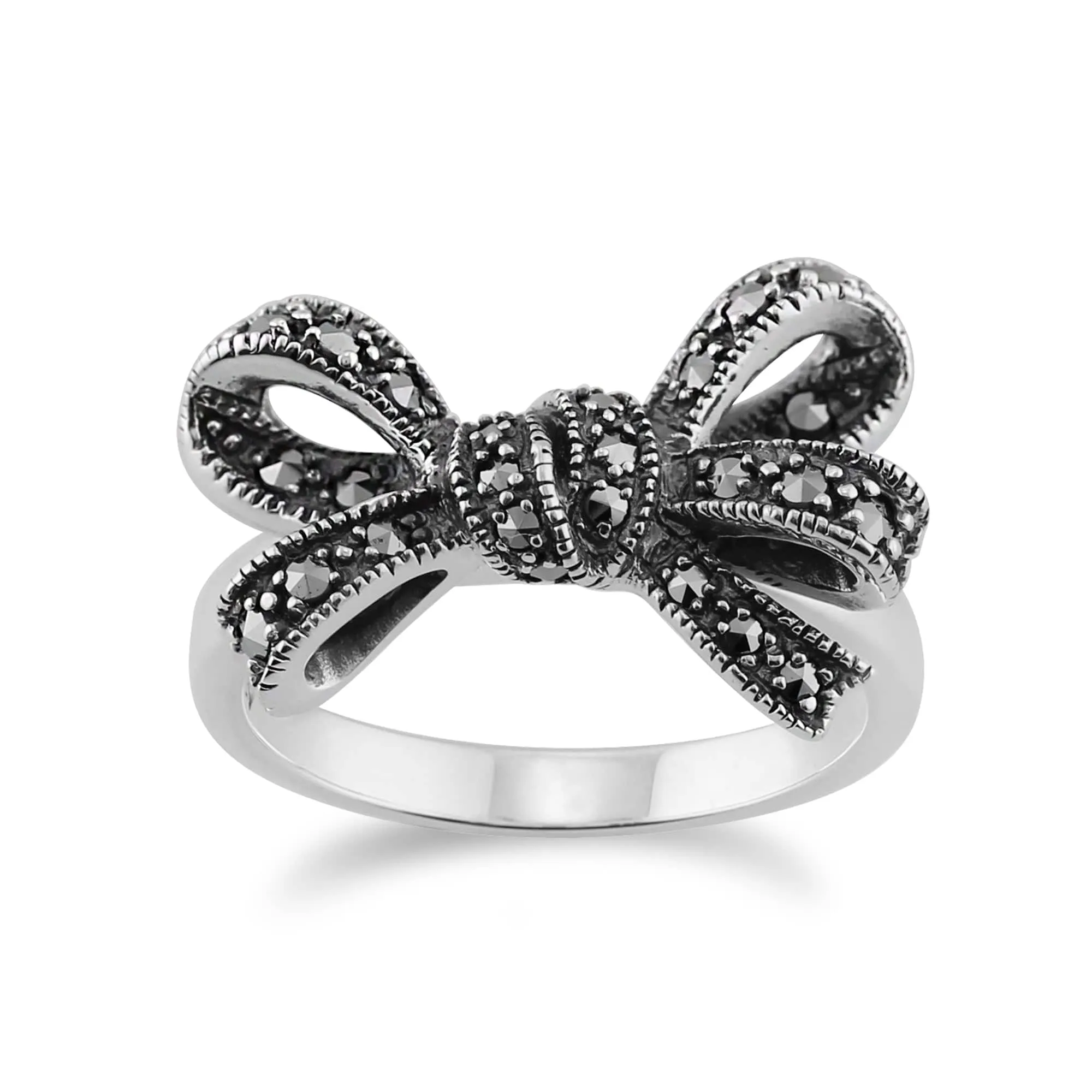 Art Nouveau Style Marcasite Ribbon Bow Ring in 925 Sterling Silver sold by Gemondo Jewellery