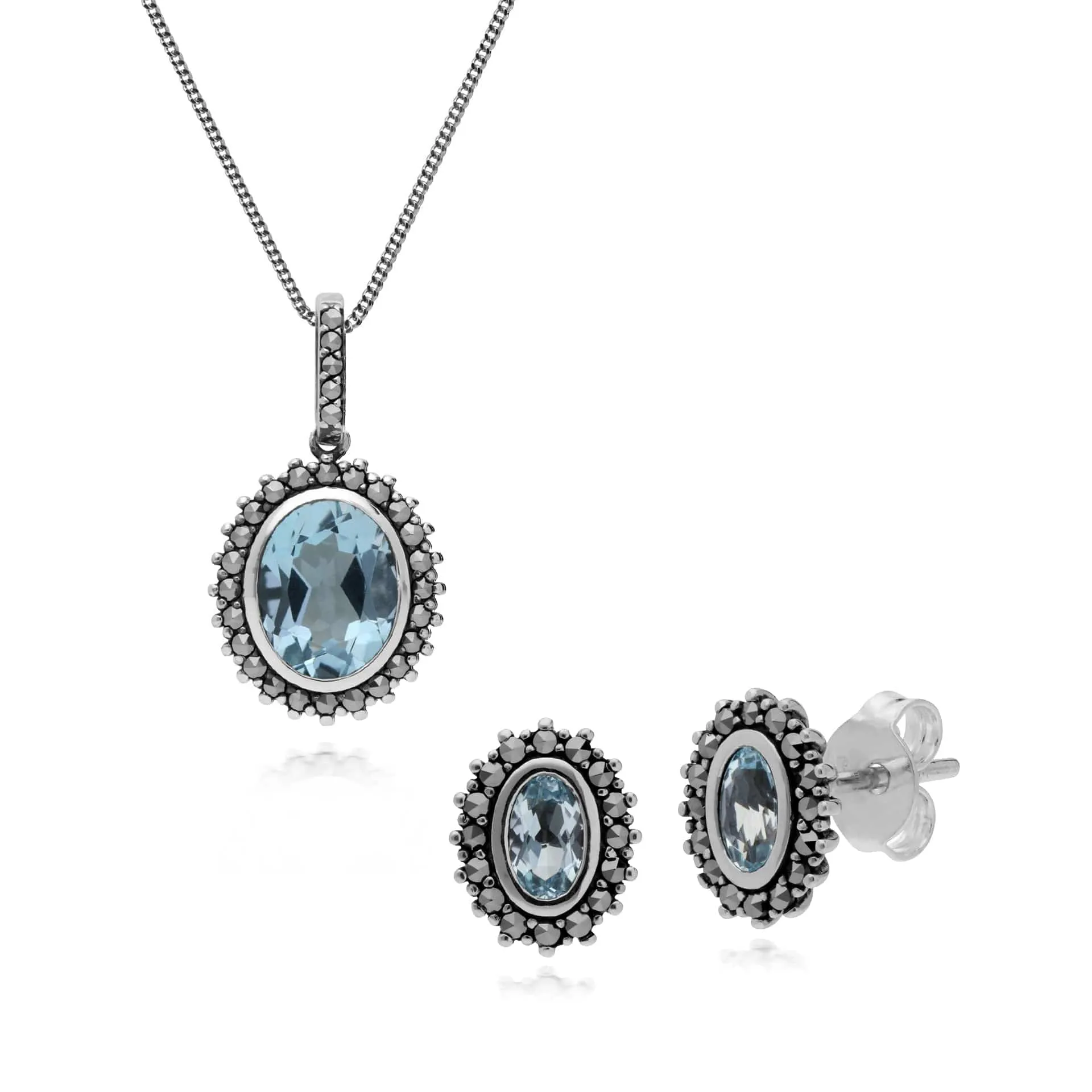 Art Deco Style Oval Blue Topaz & Marcasite Halo Stud Earrings & Pendant Set in 925 Sterling Silver sold by Gemondo Jewellery