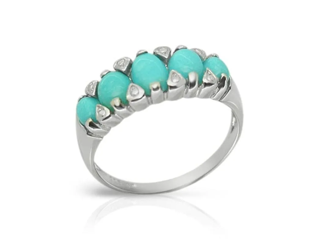 Art Deco Style Oval Turquoise Cabochon Five Stone Ring in 925 Sterling Silver sold by Gemondo Jewellery