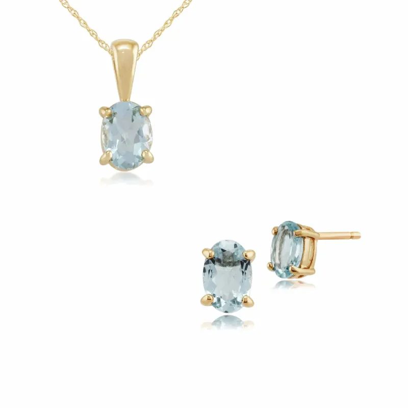 Classic Oval Aquamarine Single Stone Stud Earrings & Pendant Set in 9ct Yellow Gold sold by Gemondo Jewellery