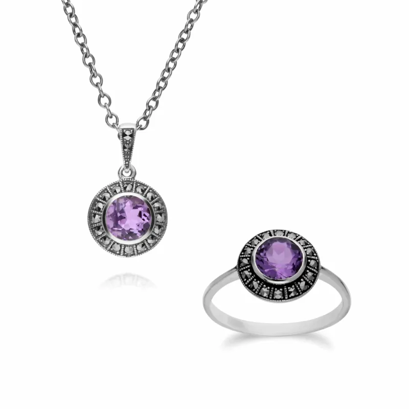 Art Deco Style Round Amethyst and Marcasite Cluster Ring & Pendant Set in 925 Sterling Silver sold by Gemondo Jewellery