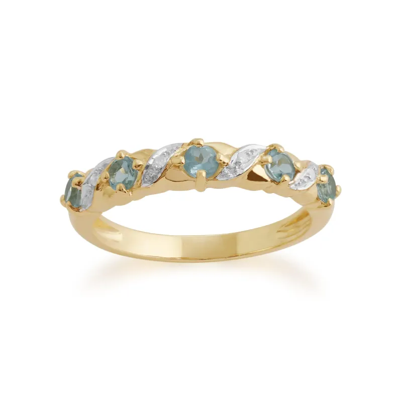 Classic 0.45ct Blue Topaz & Diamond Half Eternity Ring in 9ct Yellow Gold made by Gemondo Jewellery