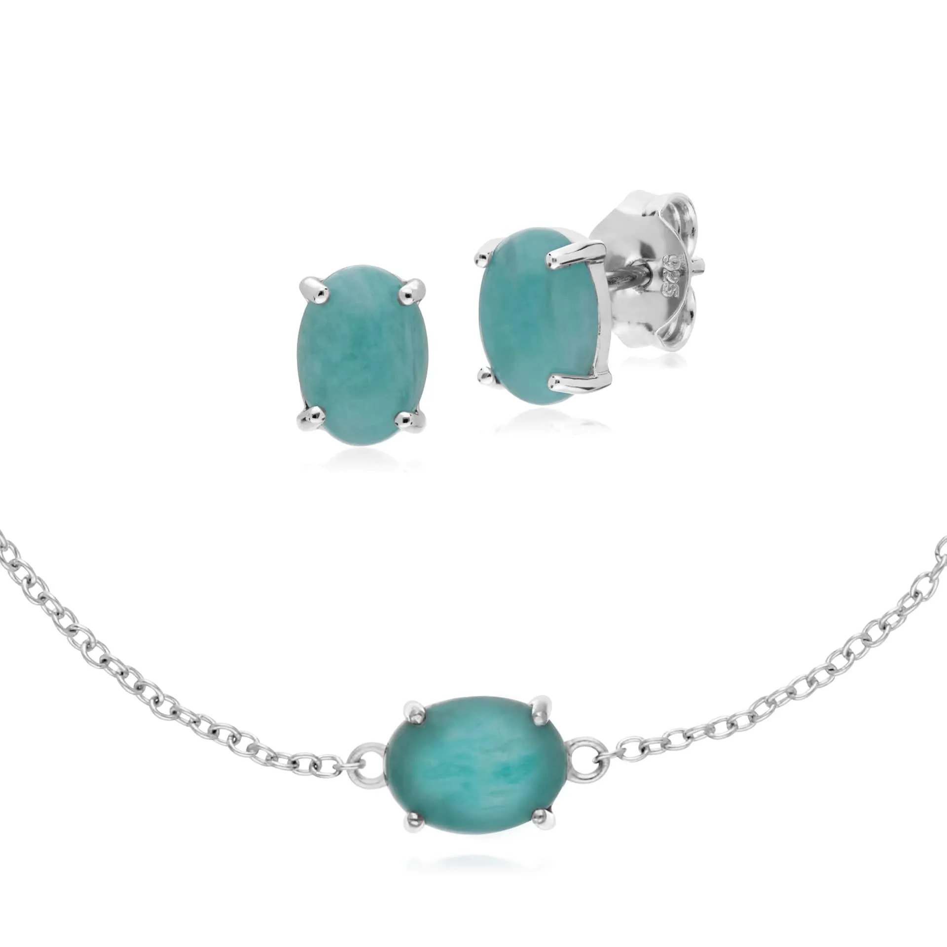 Classic Oval Amazonite Stud Earrings & Bracelet Set in 925 Sterling Silver sold by Gemondo Jewellery
