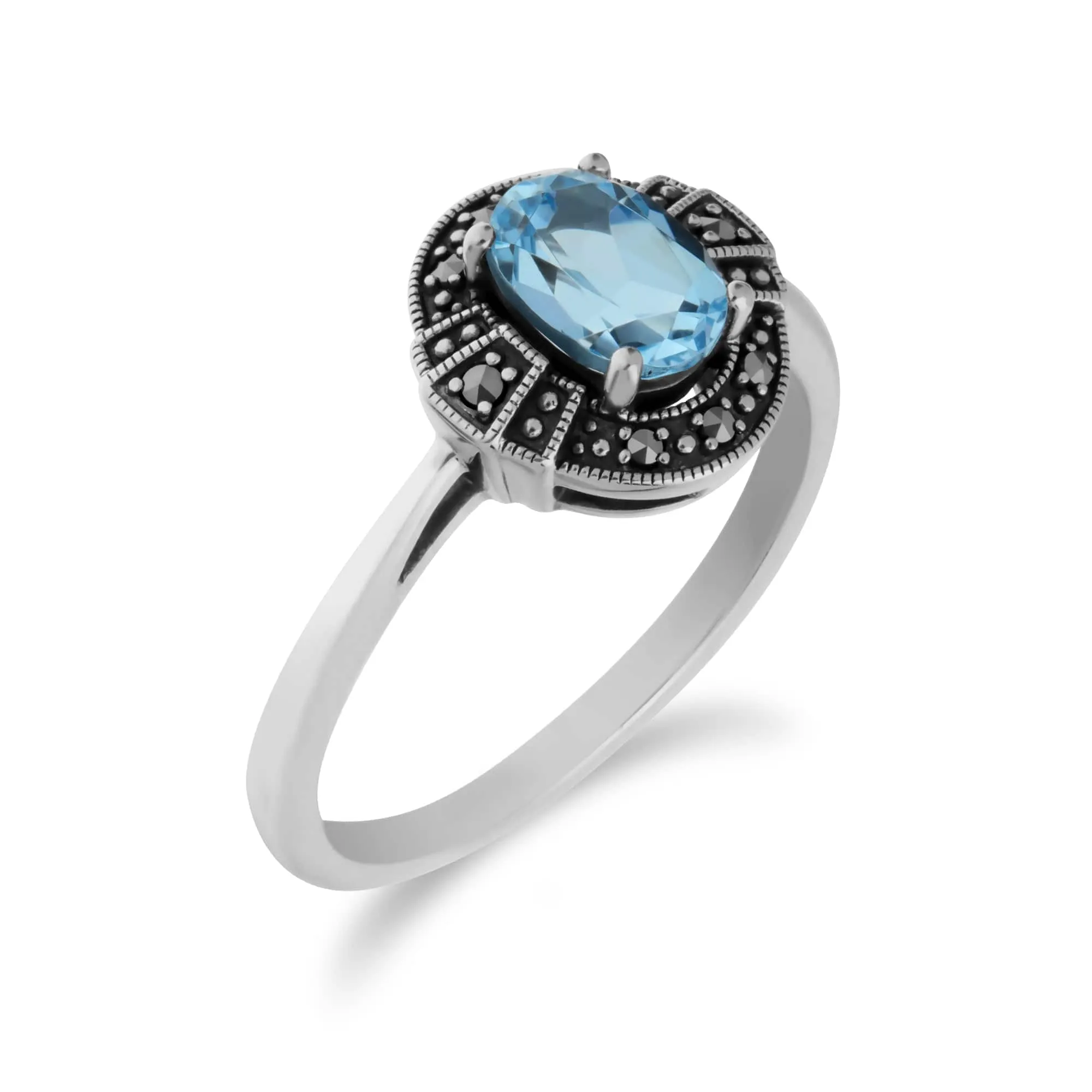 Art Deco Style Oval Blue Topaz & Marcasite Silver Halo Ring sold by Gemondo Jewellery product image thumbnail 2