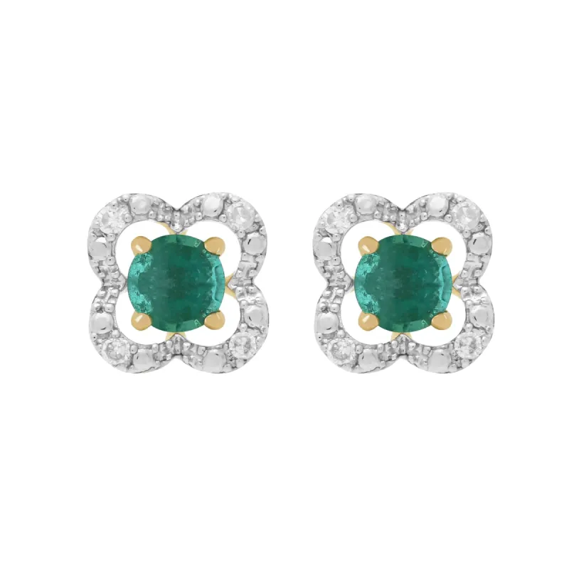 Classic Round Emerald Stud Earrings with Detachable Diamond Floral Ear Jacket in 9ct Yellow Gold sold by Gemondo Jewellery