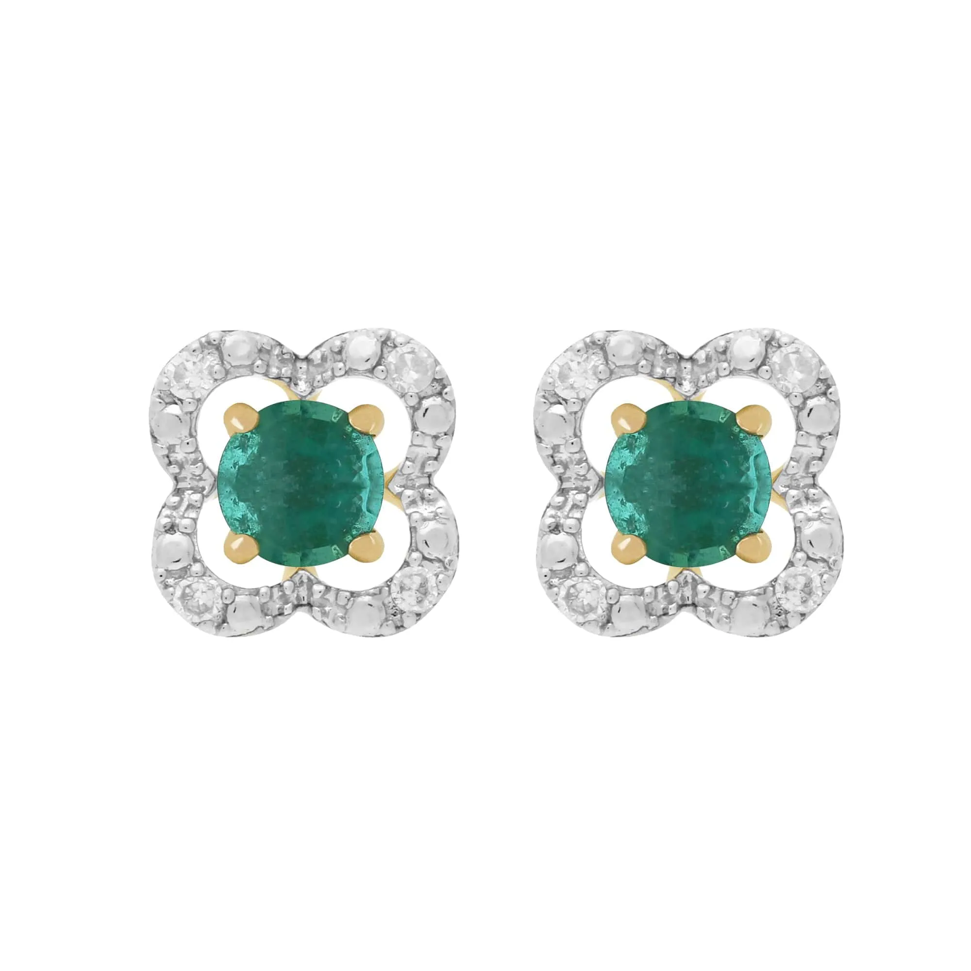 Classic Round Emerald Stud Earrings with Detachable Diamond Floral Ear Jacket in 9ct Yellow Gold sold by Gemondo Jewellery