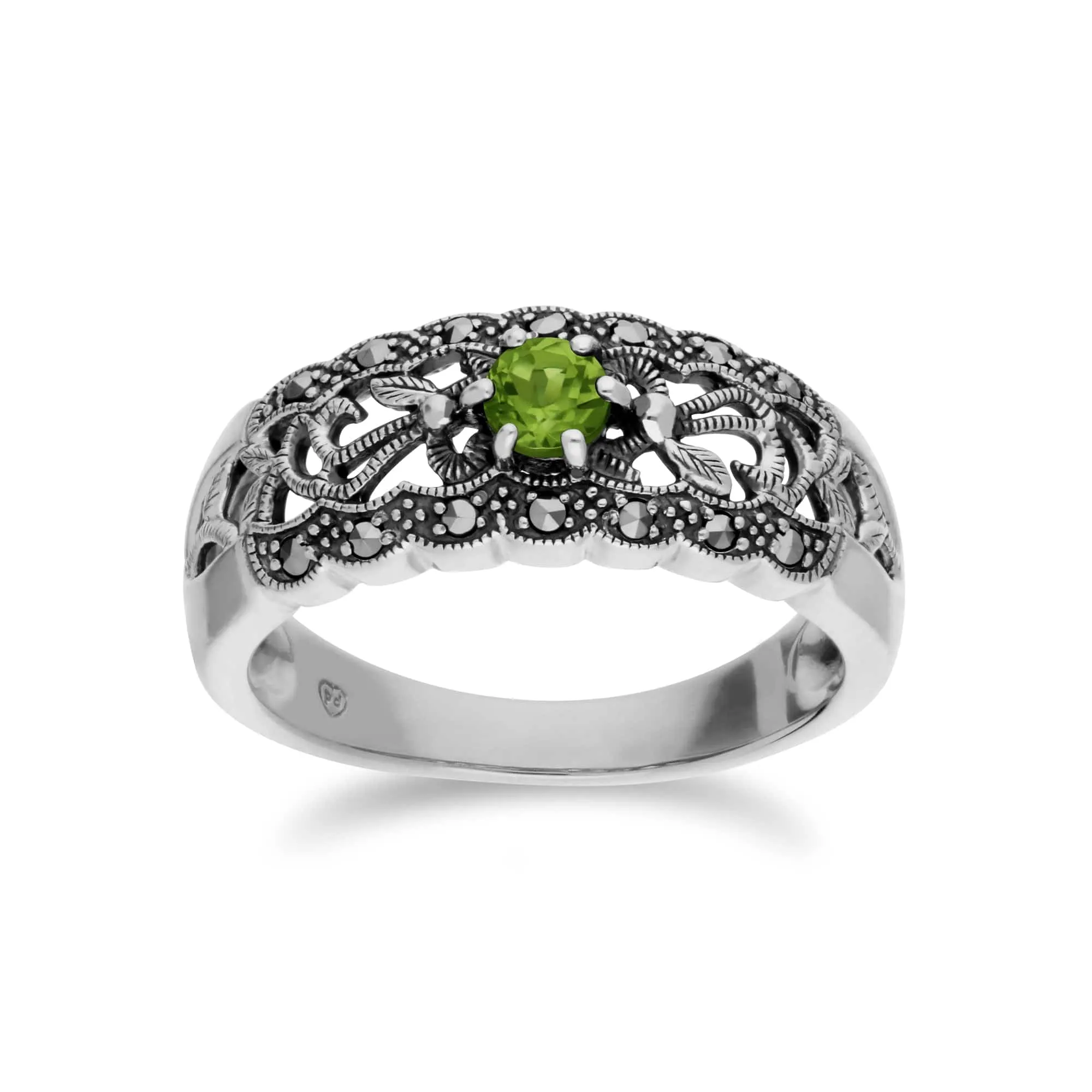 Art Nouveau Style Round Peridot & Marcasite Floral Band Ring in 925 Sterling Silver sold by Gemondo Jewellery