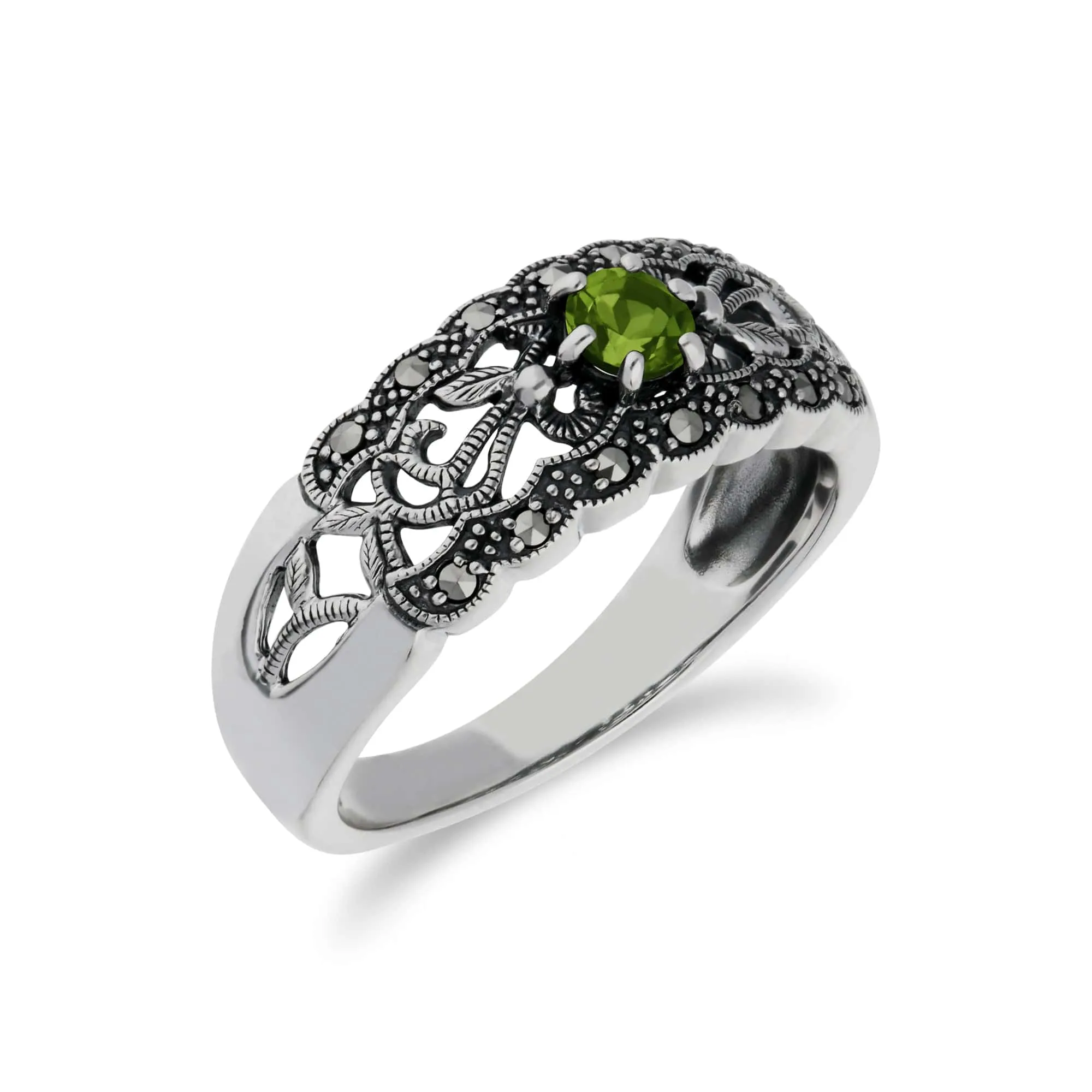Art Nouveau Style Round Peridot & Marcasite Floral Band Ring in 925 Sterling Silver sold by Gemondo Jewellery product image thumbnail 2