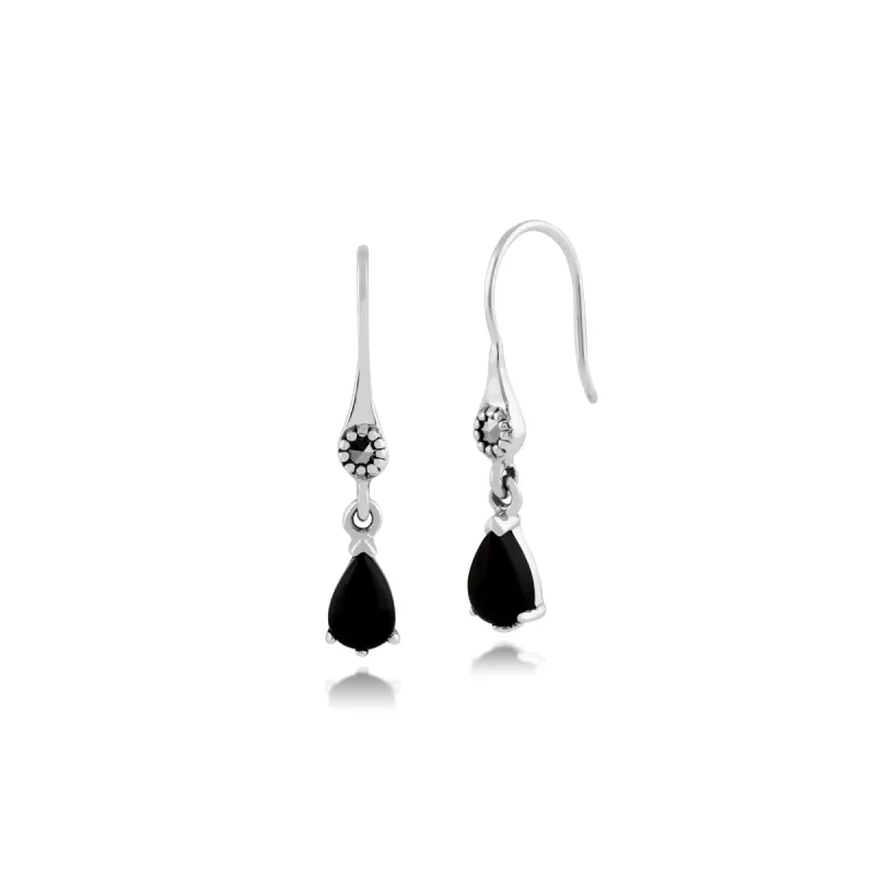 Art Nouveau Style Pear Black Onyx & Marcasite Drop Earrings in 925 Sterling Silver sold by Gemondo Jewellery