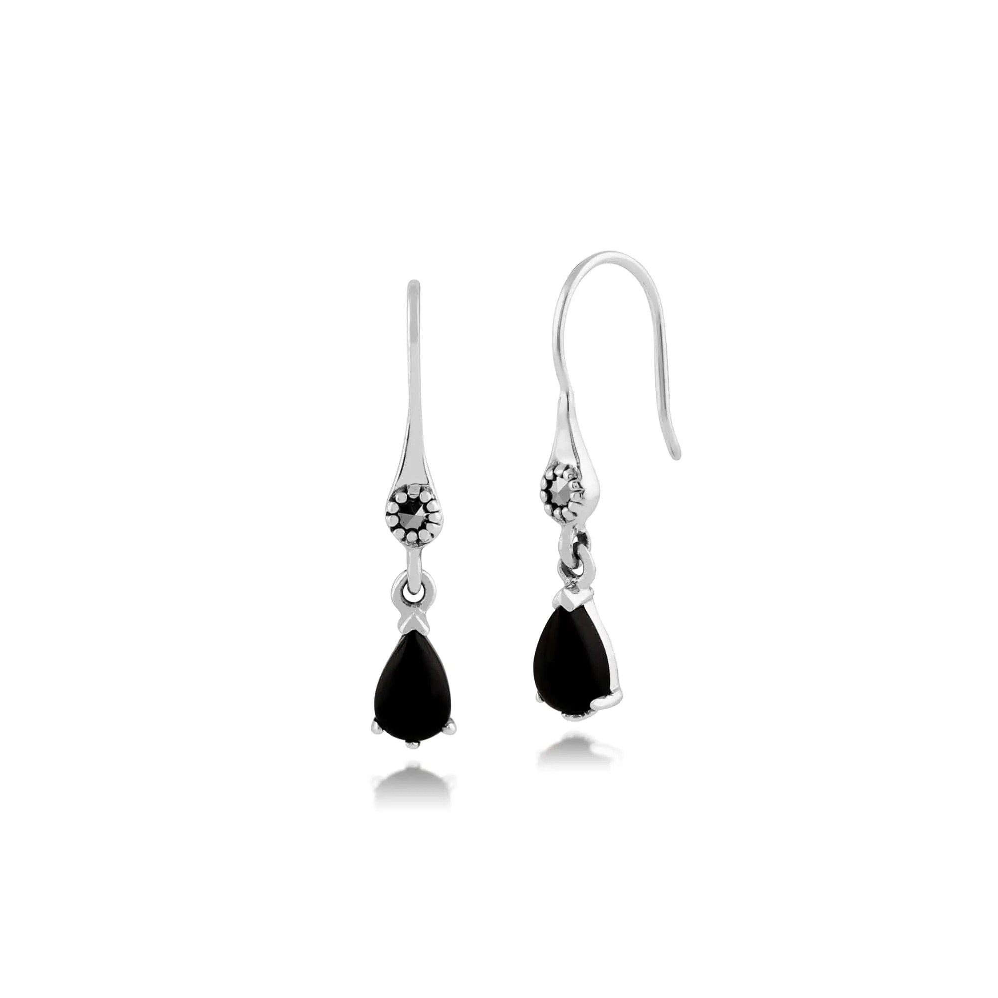 Art Nouveau Style Pear Black Onyx & Marcasite Drop Earrings in 925 Sterling Silver sold by Gemondo Jewellery