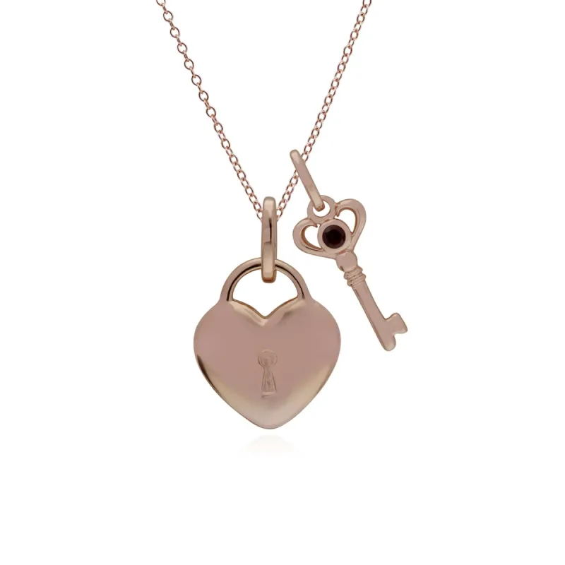 Classic Heart Lock Pendant & Garnet Key Charm in Rose Gold Plated 925 Sterling Silver sold by Gemondo Jewellery