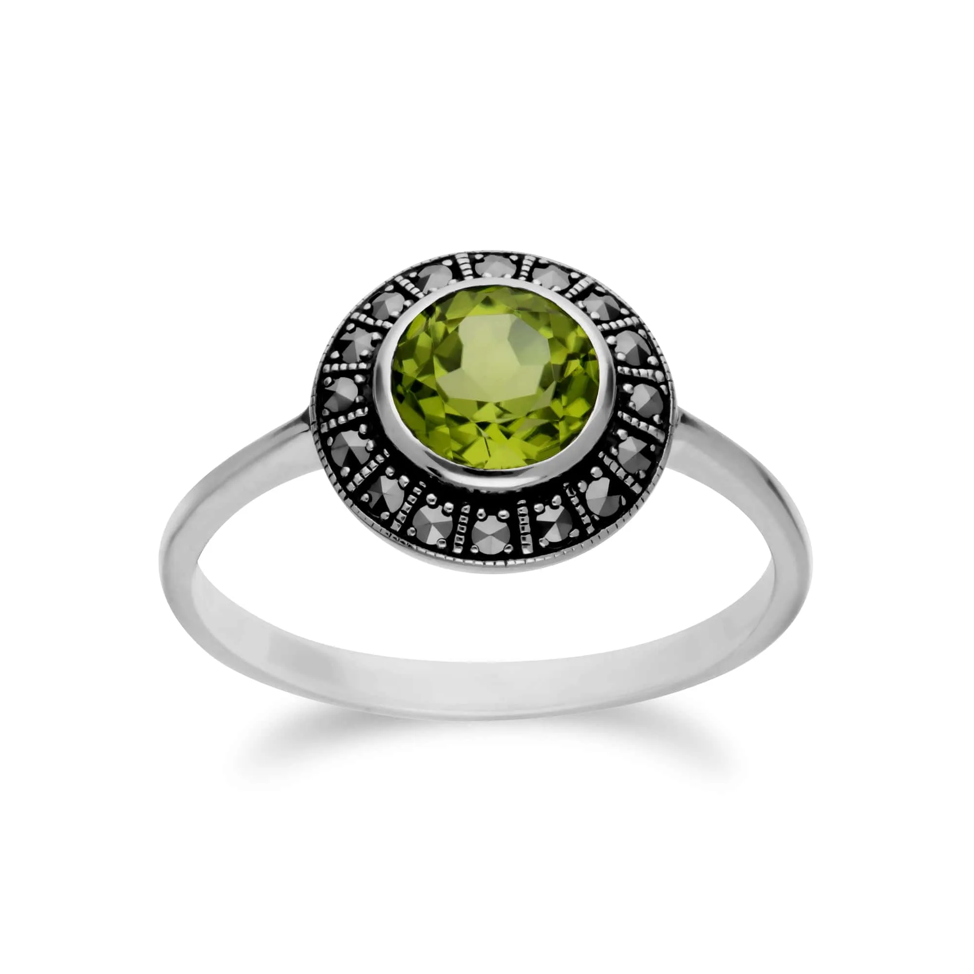 Art Deco Style Round Peridot and Marcasite Cluster Stud Earrings & Ring Set in 925 Sterling Silver sold by Gemondo Jewellery product image thumbnail 3