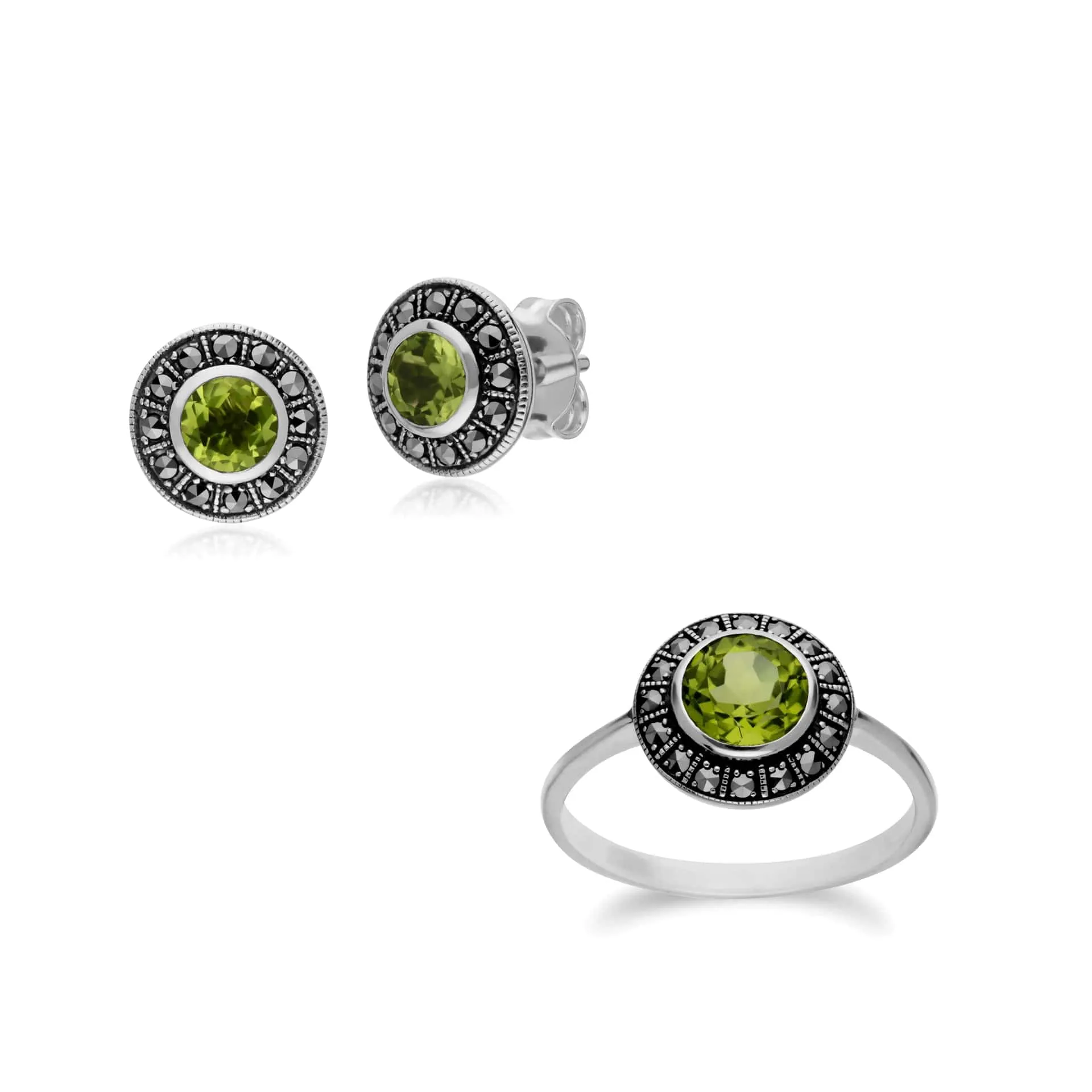 Art Deco Style Round Peridot and Marcasite Cluster Stud Earrings & Ring Set in 925 Sterling Silver sold by Gemondo Jewellery