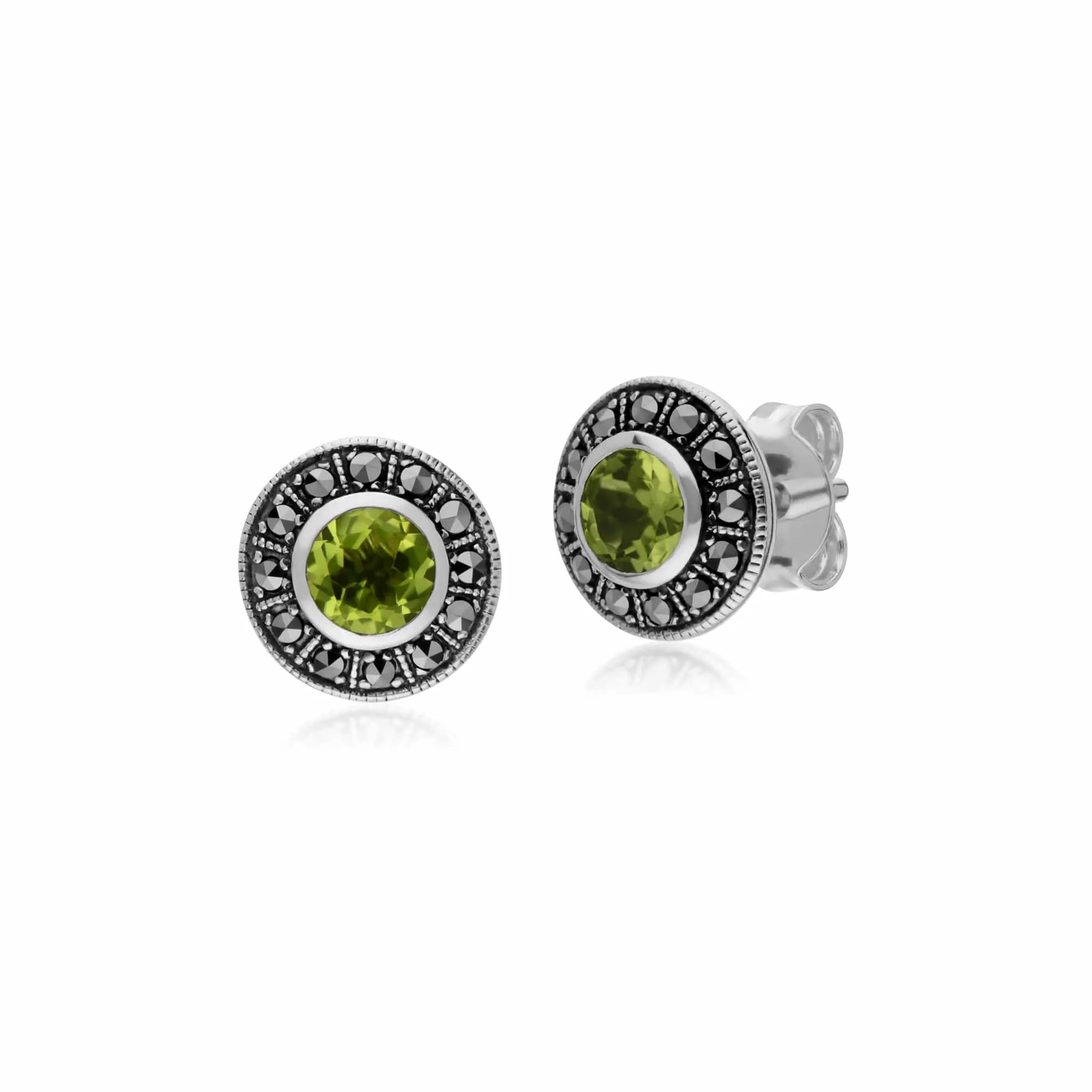Art Deco Style Round Peridot and Marcasite Cluster Stud Earrings & Ring Set in 925 Sterling Silver sold by Gemondo Jewellery product image thumbnail 2