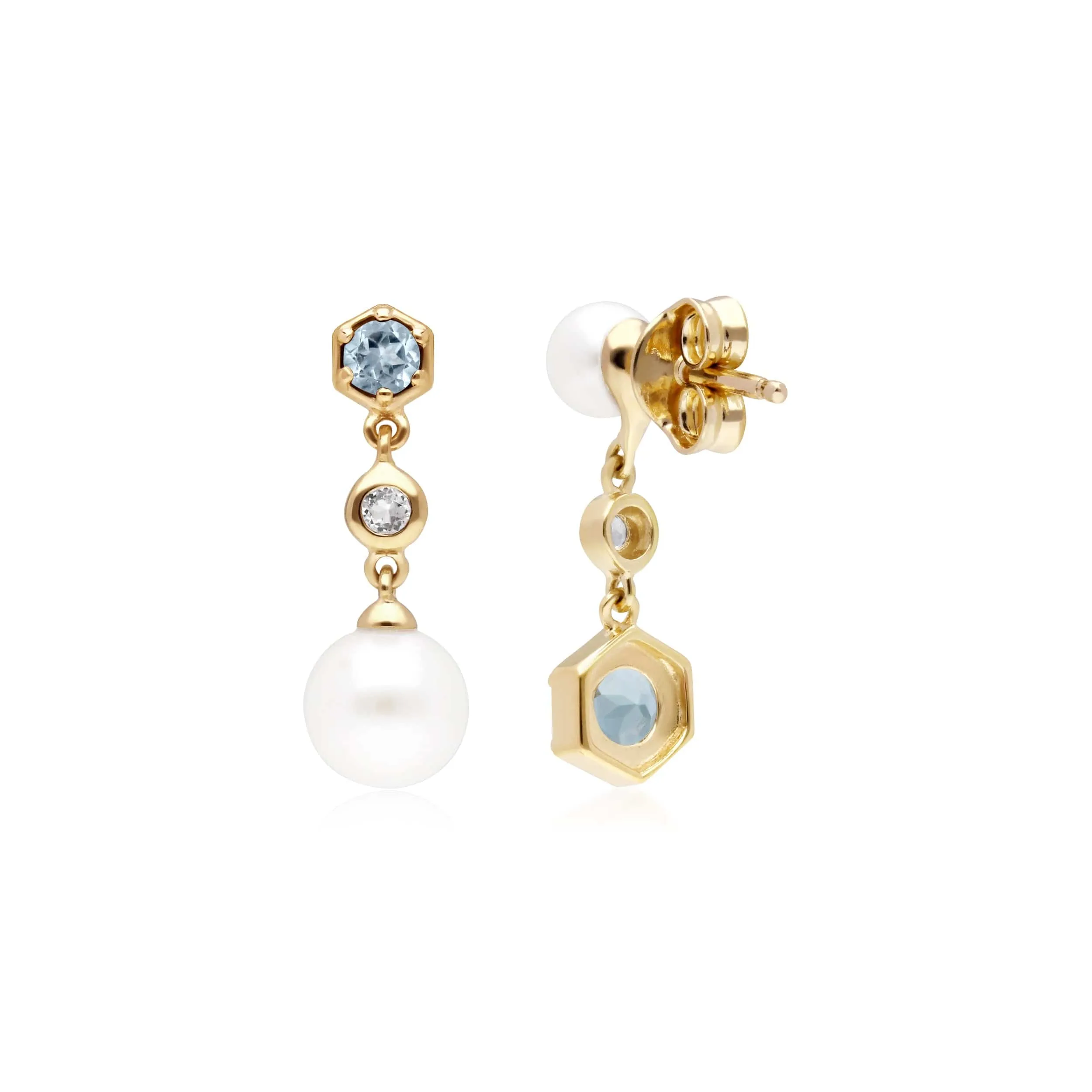 Modern Pearl, Aquamarine & Topaz Mismatched Drop Earrings in Gold Plated Silver sold by Gemondo Jewellery product image thumbnail 2