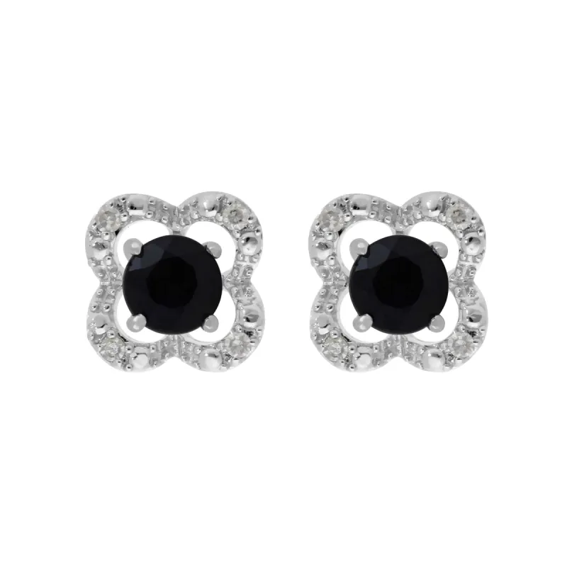 Classic Round Dark Blue Sapphire Studs with Detachable Diamond Flower Ear Jacket in 9ct White Gold sold by Gemondo Jewellery