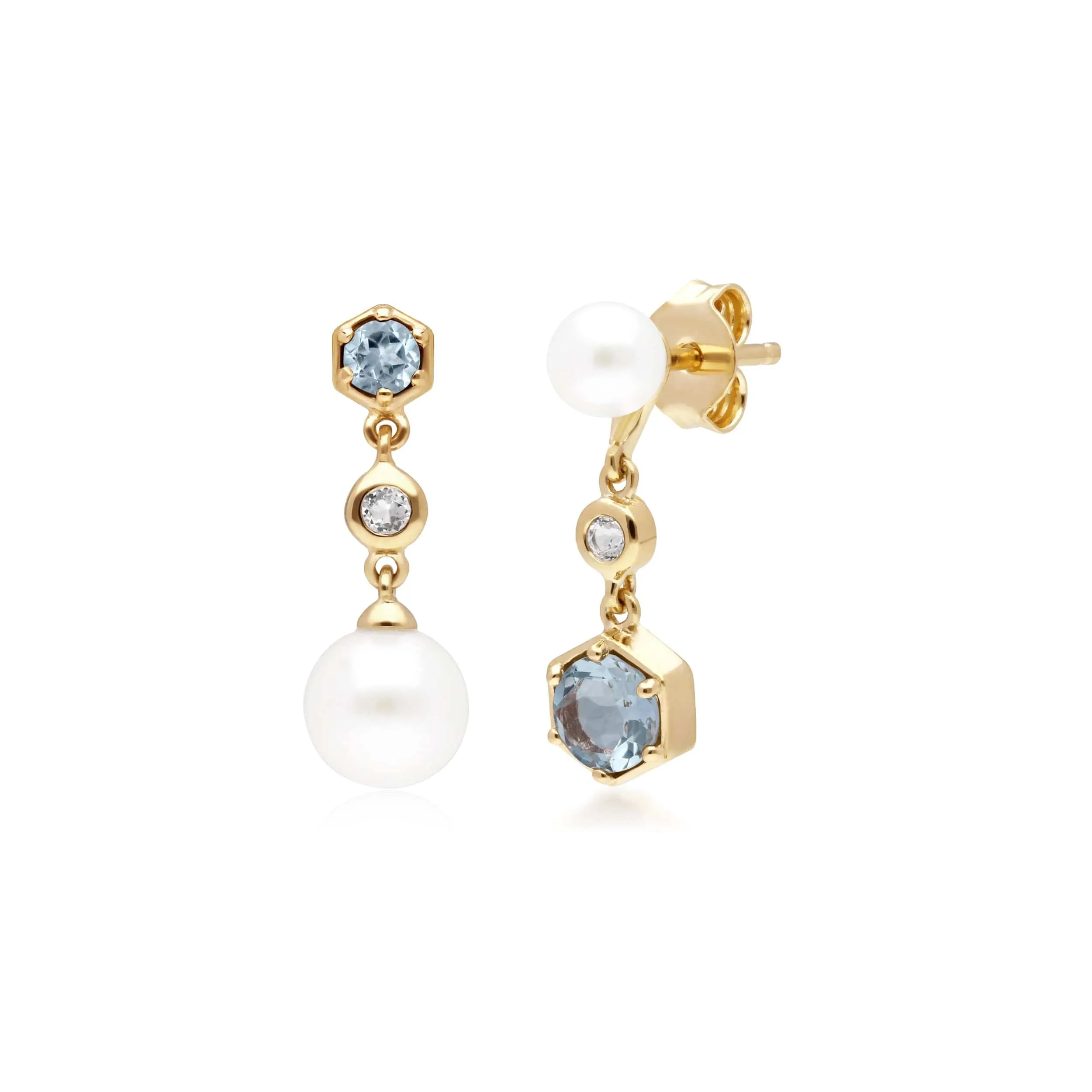 Modern Pearl, Aquamarine & Topaz Mismatched Drop Earrings in Gold Plated Silver sold by Gemondo Jewellery