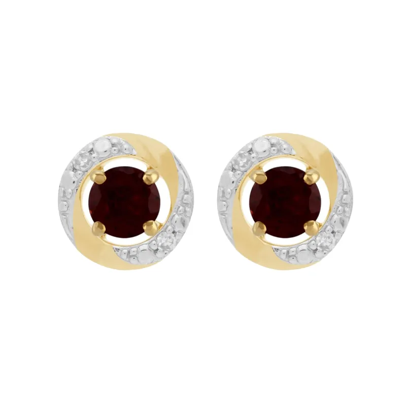 Classic Round Garnet Stud Earrings with Detachable Diamond Halo Ear Jacket in 9ct Yellow Gold sold by Gemondo Jewellery